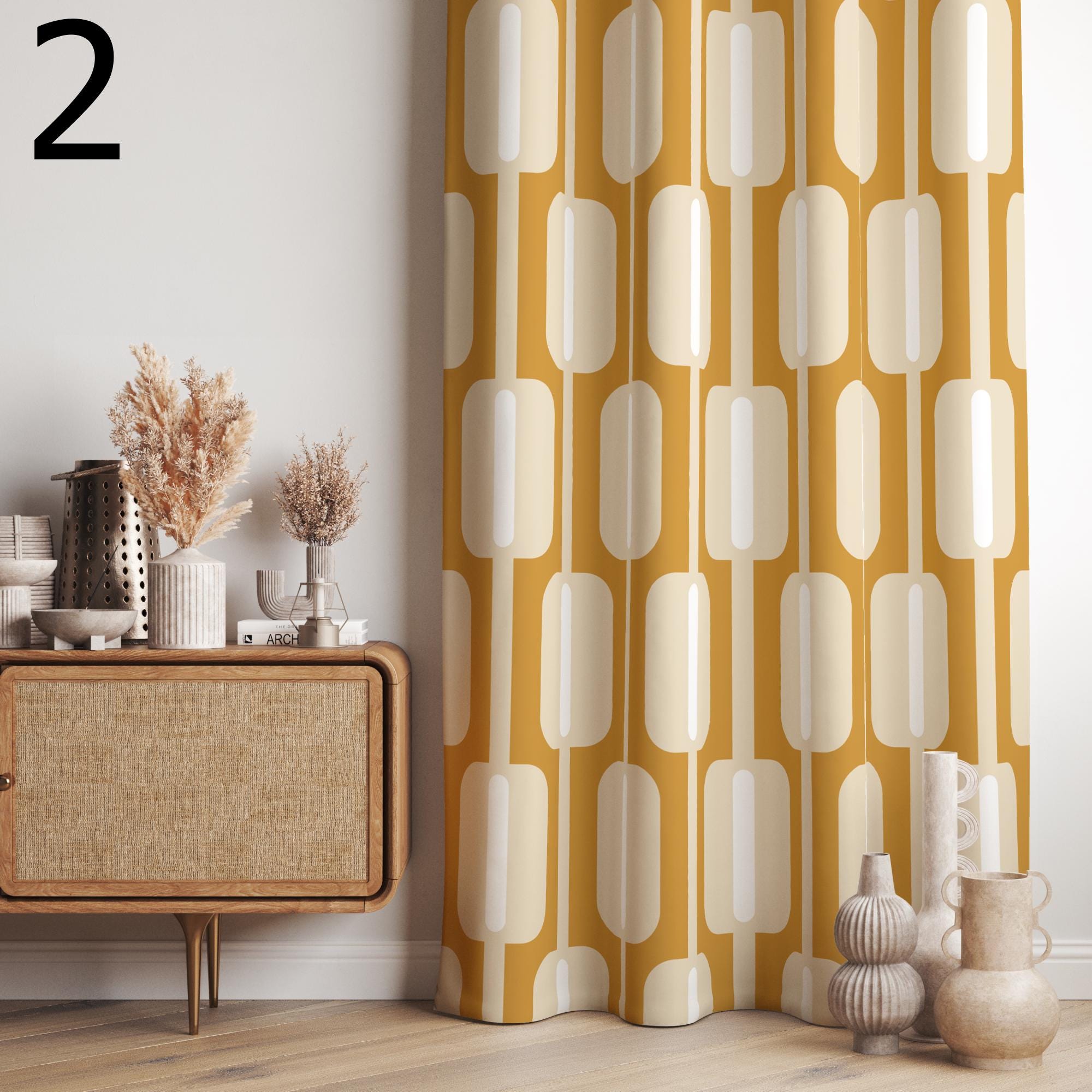 Tan Geometric Printed Curtain, Beige Art Deco Style Curtain, Tan Beige Curtains, Mid Century Modern Curtain Panels, Retro 70s Beige Curtains