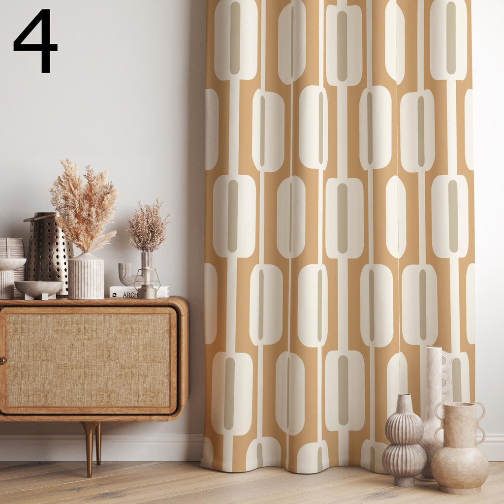 Tan Geometric Printed Curtain, Beige Art Deco Style Curtain, Tan Beige Curtains, Mid Century Modern Curtain Panels, Retro 70s Beige Curtains