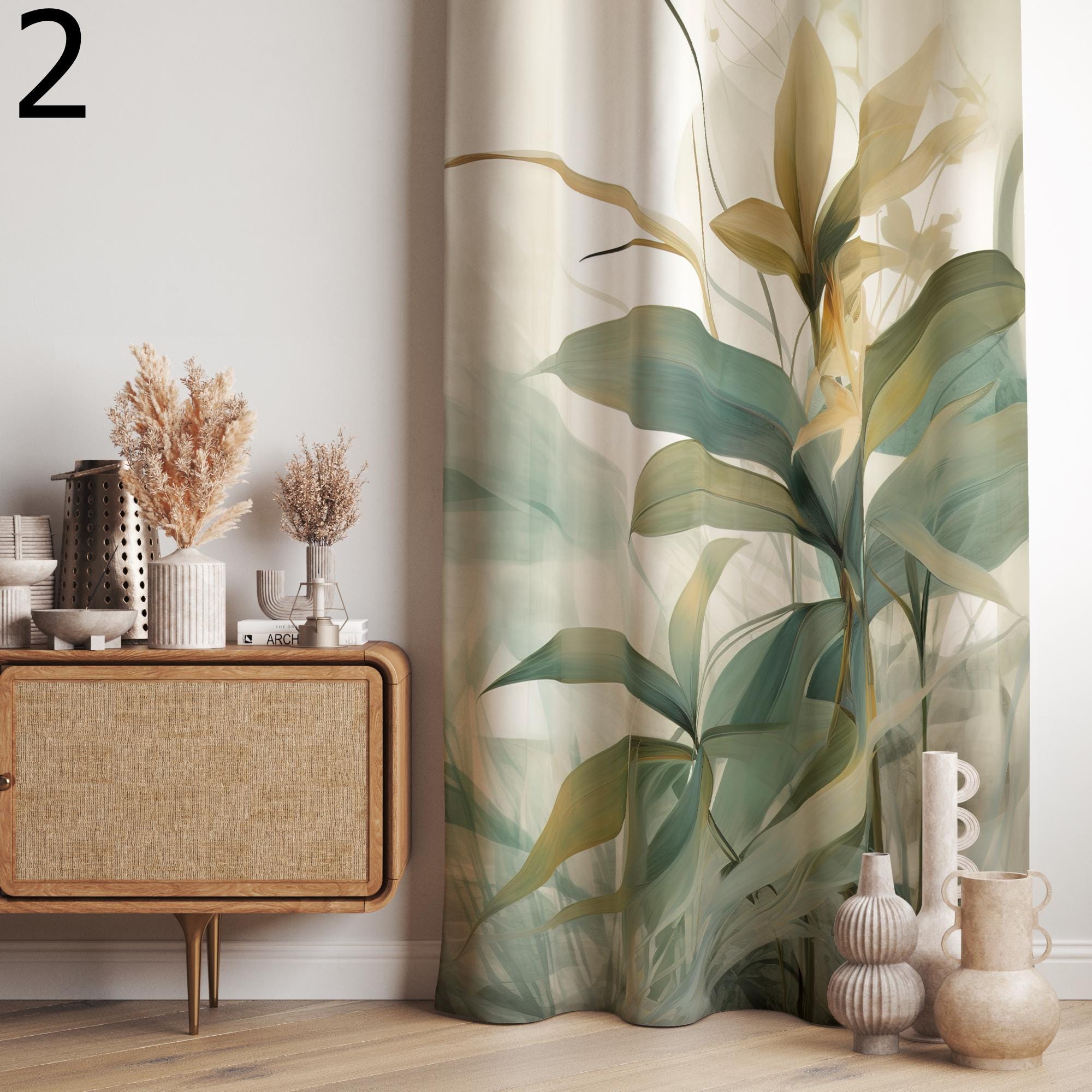 Exotic Leaves and Flowers Curtain, Tropical Leaves Print Curtain, Bird of Paradise Flowers Curtain Panels, Botanical Plants Printed Curtain