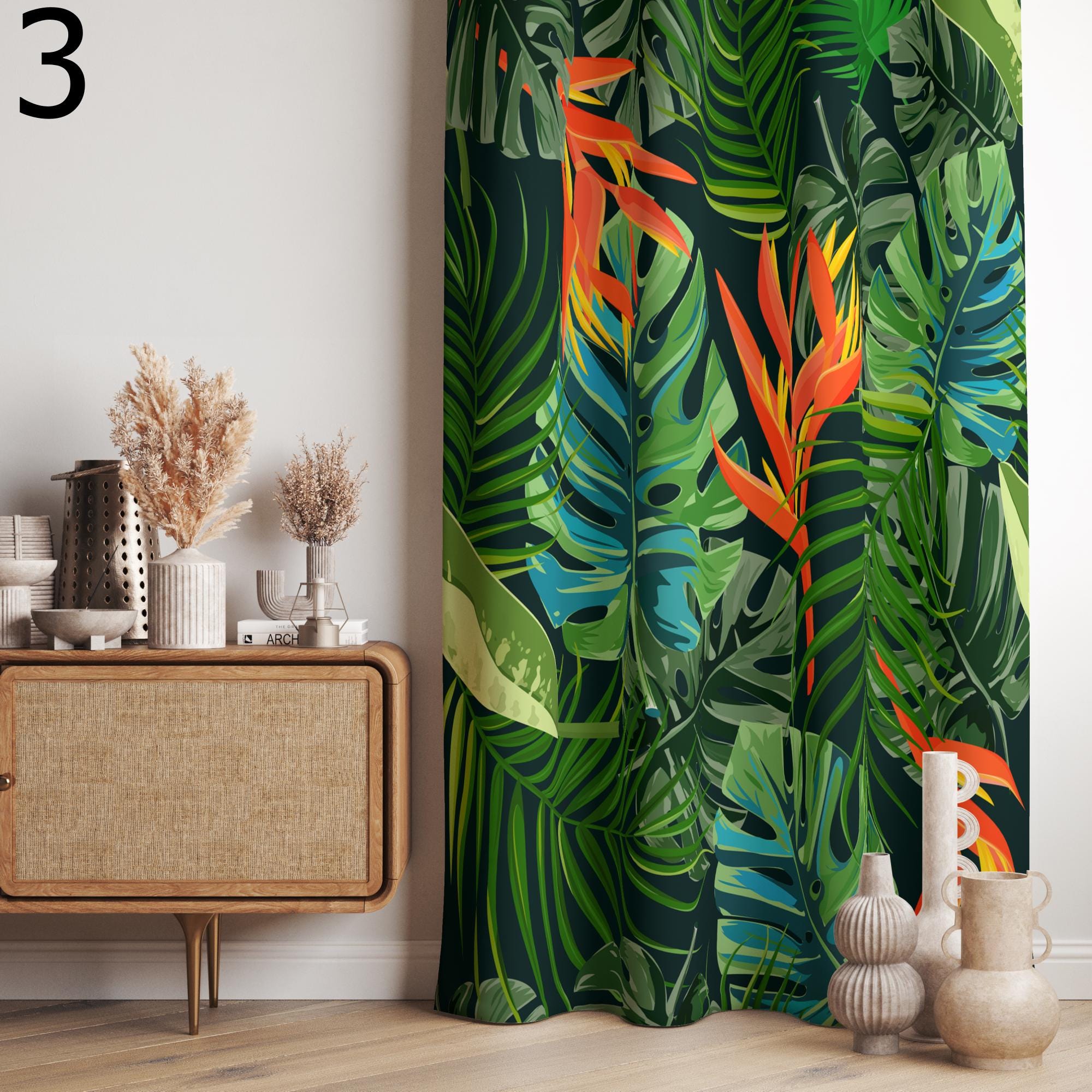 Exotic Leaves and Flowers Curtain, Tropical Leaves Print Curtain, Bird of Paradise Flowers Curtain Panels, Botanical Plants Printed Curtain