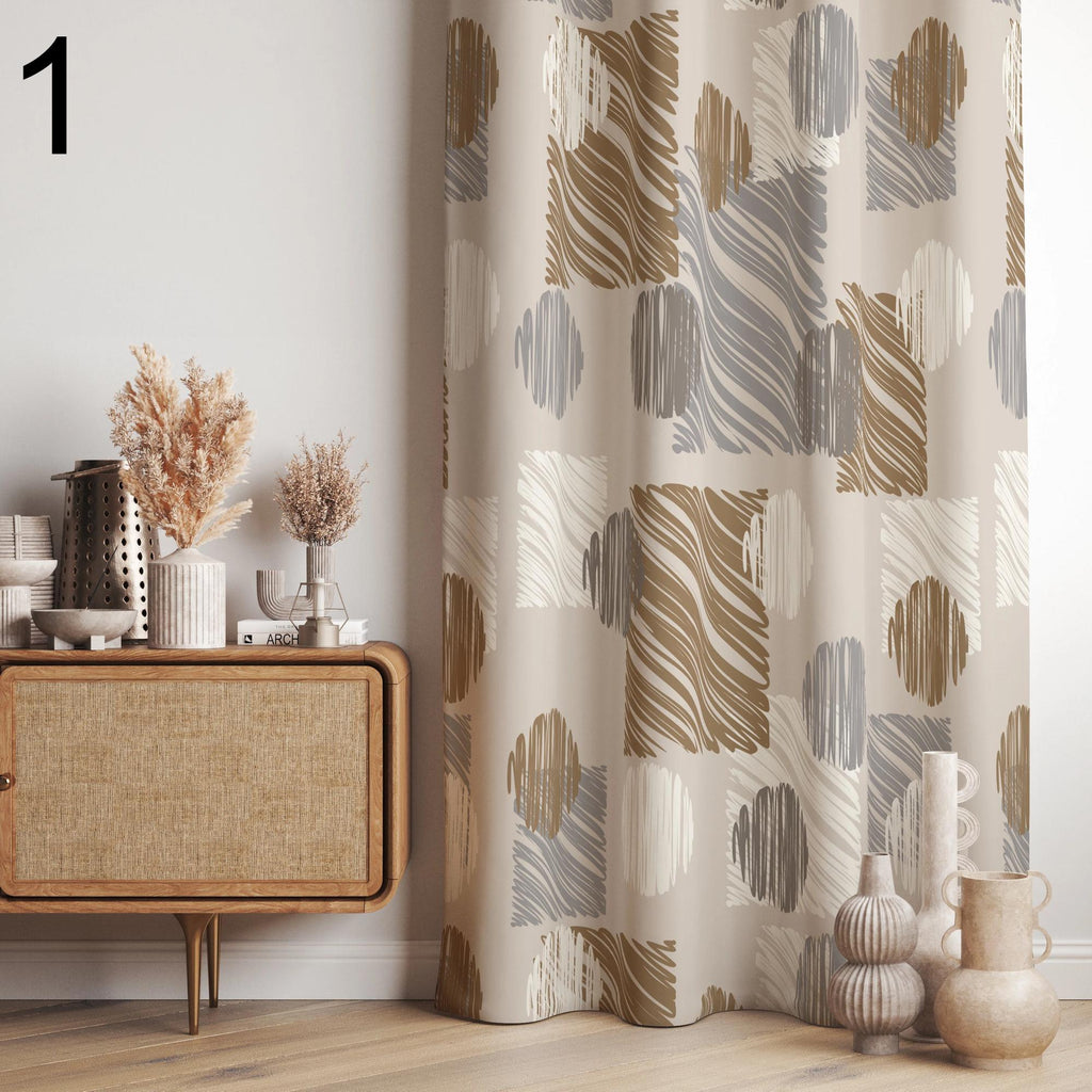 Retro Geometric Curtains, Mid Century Modern Curtain Panels, Beige Modern Art Deco Style Curtain,  Retro 70s Curtains, Mcm Curtain Panels