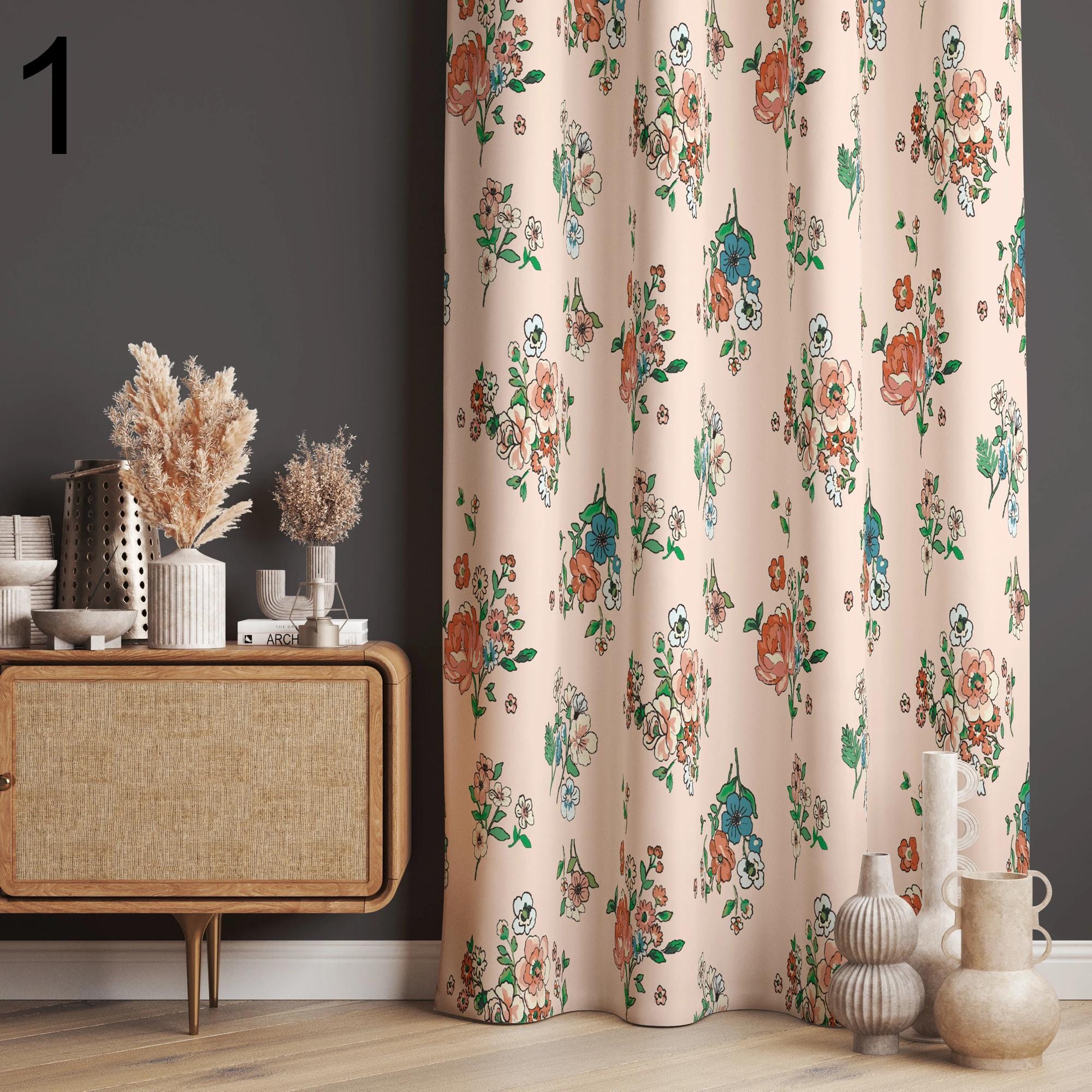 Modern Vintage Floral Curtain Panels, 70s Retro Curtains, Vintage Printed Curtains, Floral Style Living Room Drapes