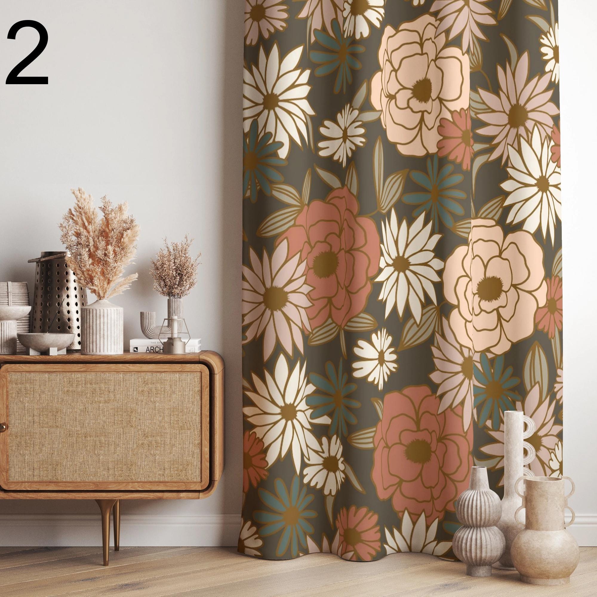 Modern Vintage Floral Curtain Panels, 70s Retro Curtains, Vintage Printed Curtains, Floral Style Living Room Drapes