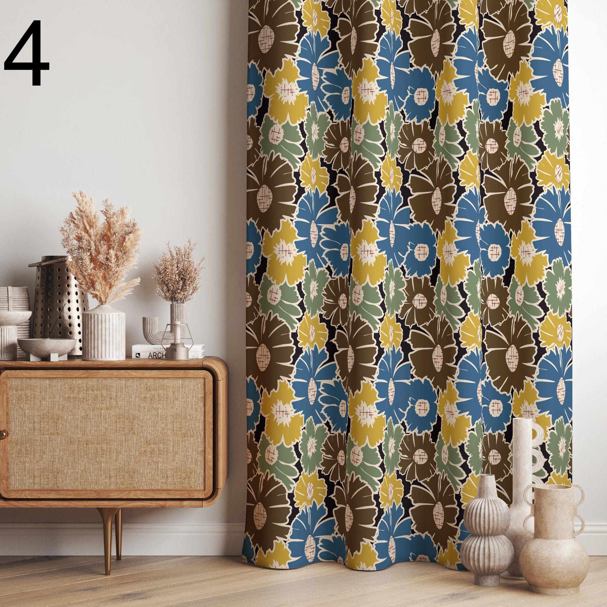 Modern Vintage Floral Curtain Panels, 70s Retro Curtains, Vintage Printed Curtains, Floral Style Living Room Drapes