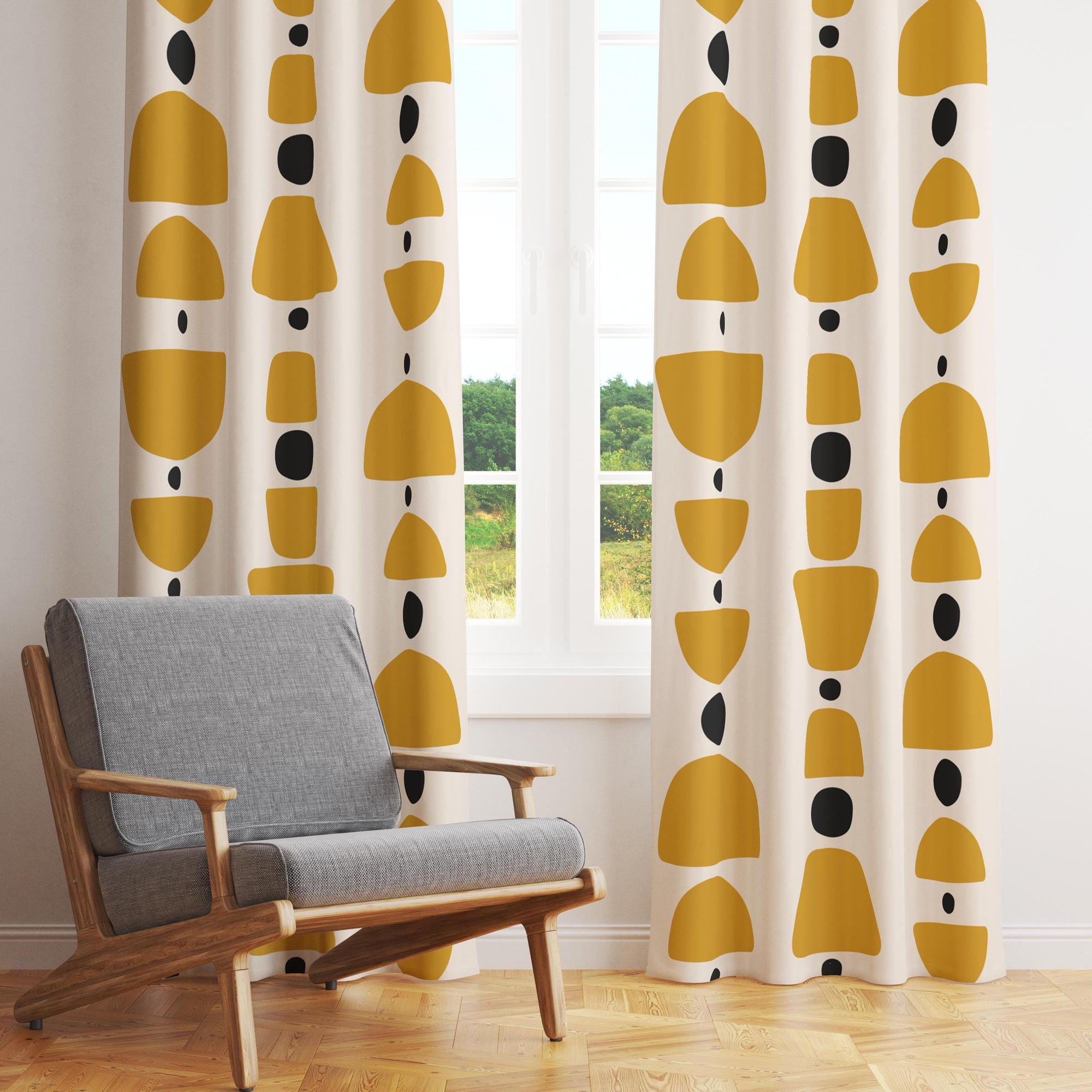 Retro Curtains, Mid Century Abstract Curtain, 70s Curtain Geometric Panels, Yellow Abstract Blackout Curtains, Abstract Grommet Curtain