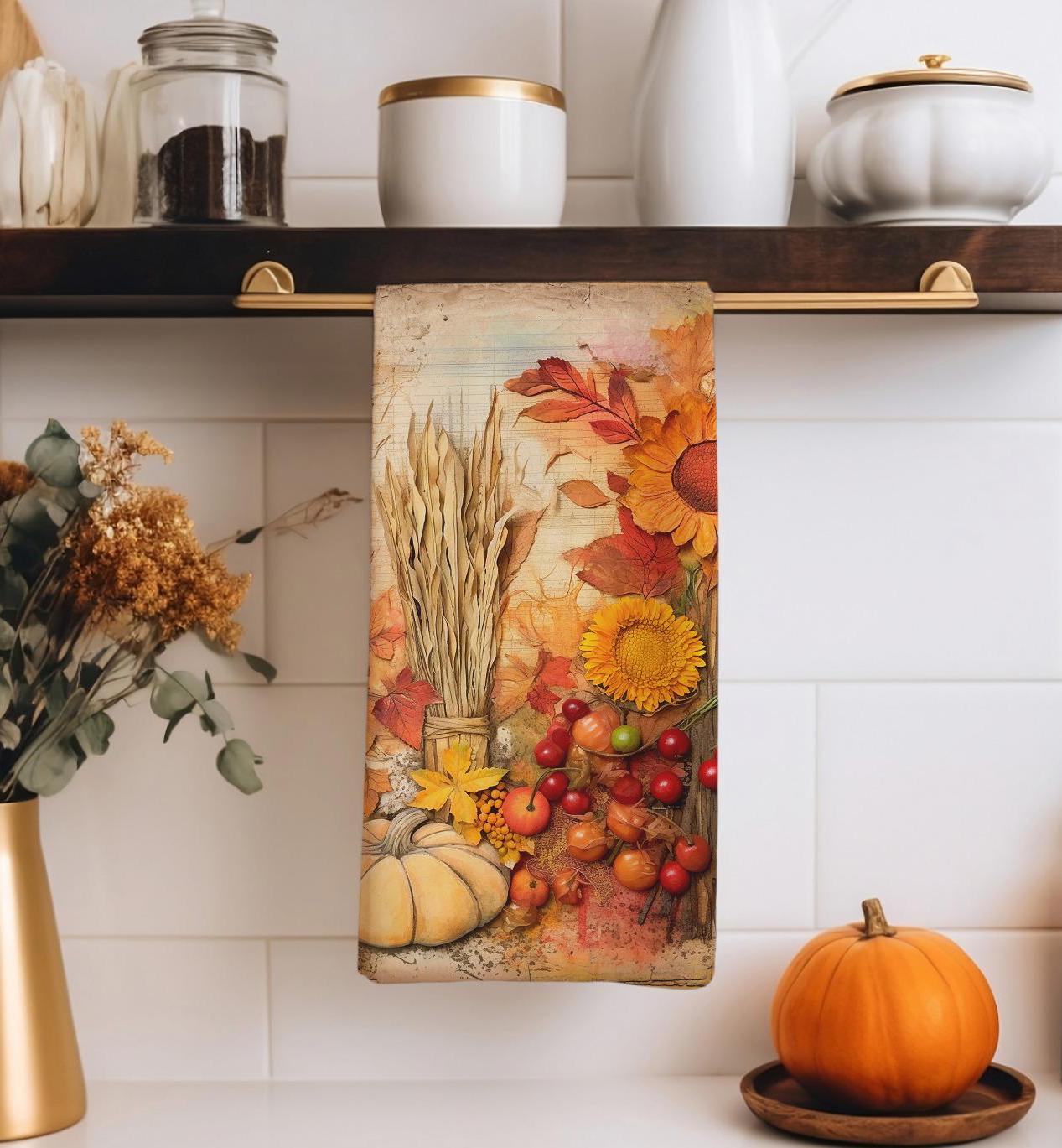 Fall Dish Towel, Thanksgiving Pumpkin Tea Towels, Autumn Print Dish Towels, Thanksgiving Kitchen Decor, Fall Pumpkin Fingertip Towels