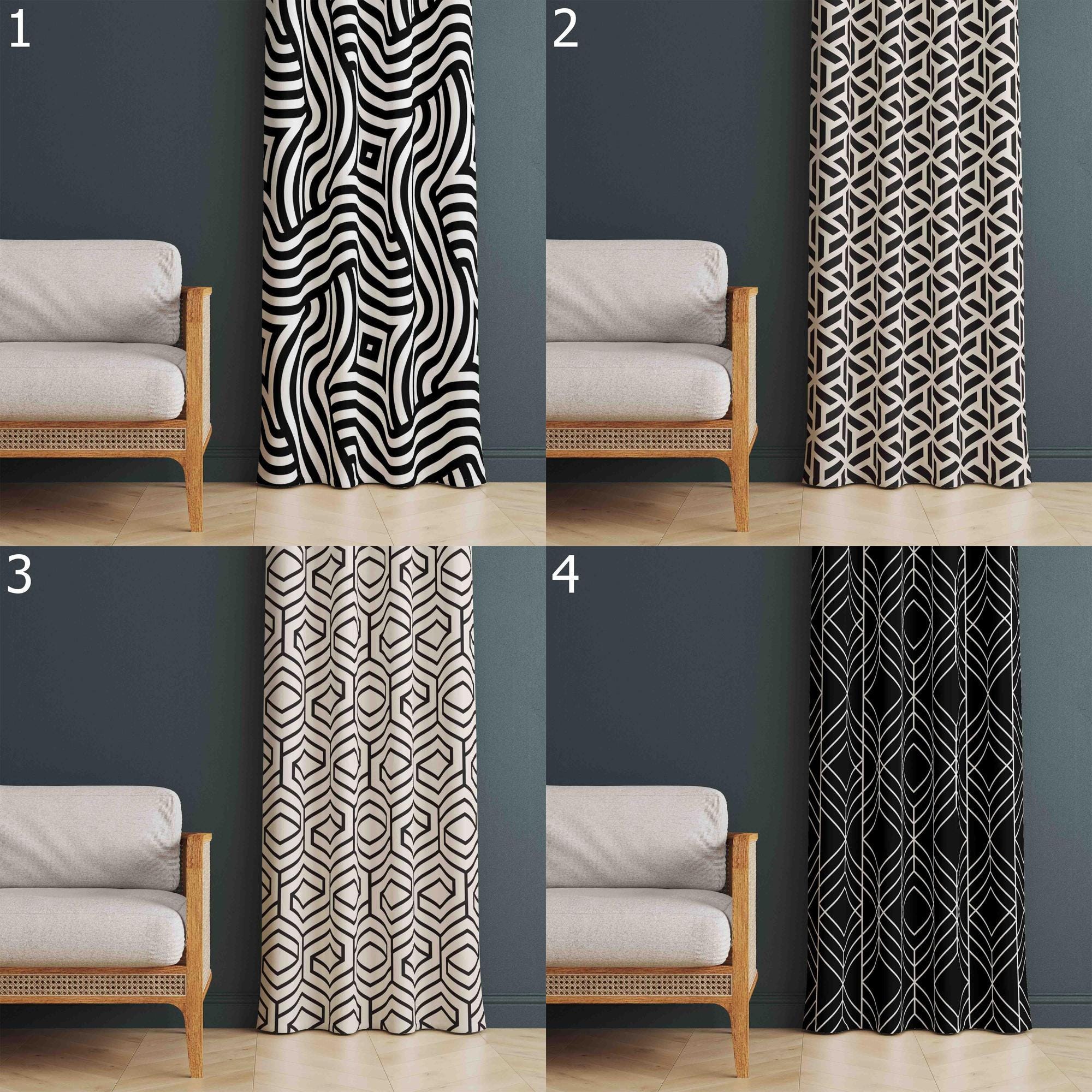 Black White Curtains, Mid Century Curtain Panels, Abstract Retro Style Living Room Curtain, Modern Geometric Curtains, Black White Panels