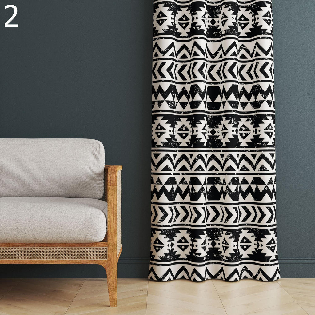 Black White Ethnic Curtains, Minimalist Tribal Panels, Boho Ethnic Blackout Drapes, Modern Tribal Black White Grommet Window Curtain