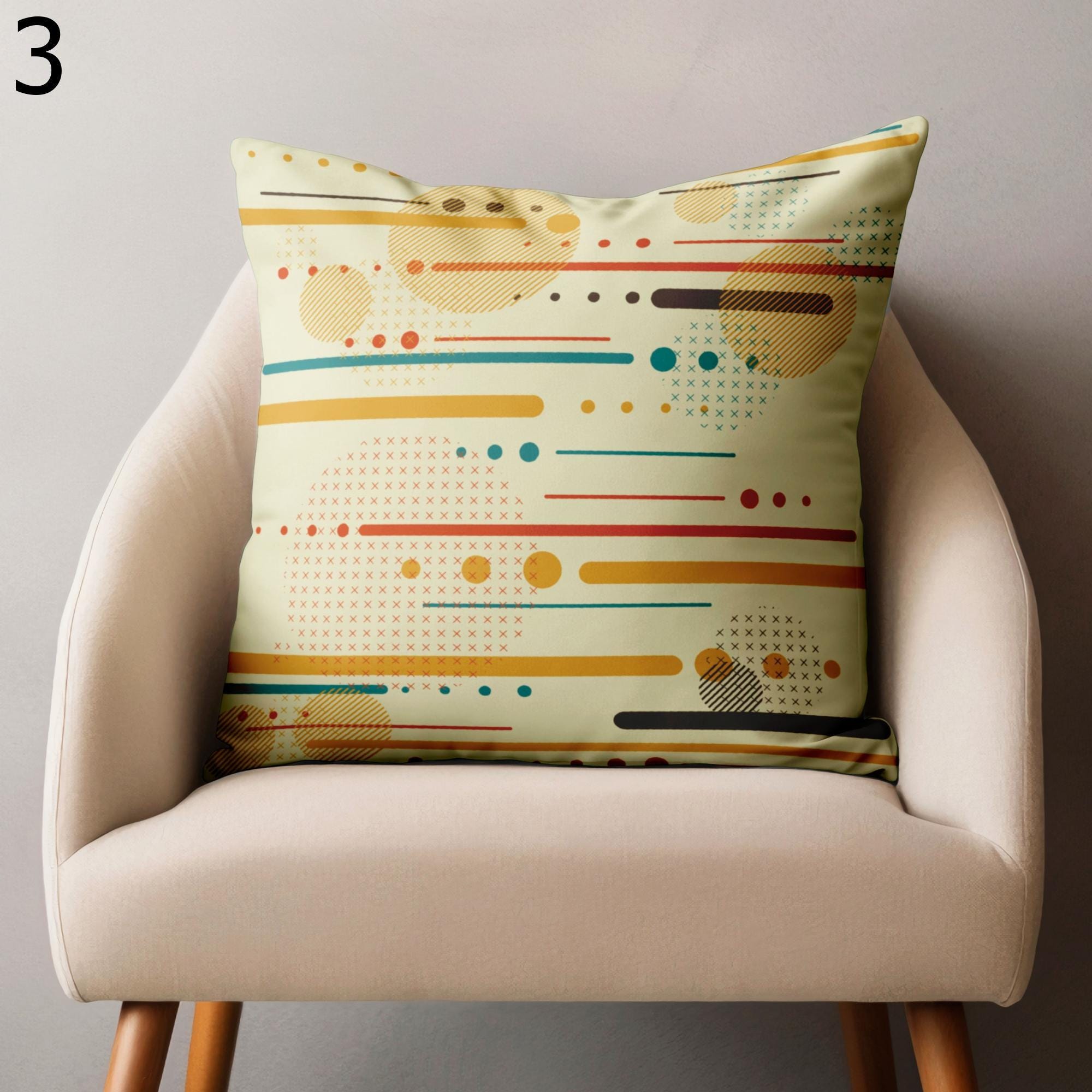 Retro Geometric Pillow Covers, Yellow and Beige Throw Pillows, Mid-Century Modern Circle Cushion Cover, 70's 80's 90's Pop Art Pillowcases