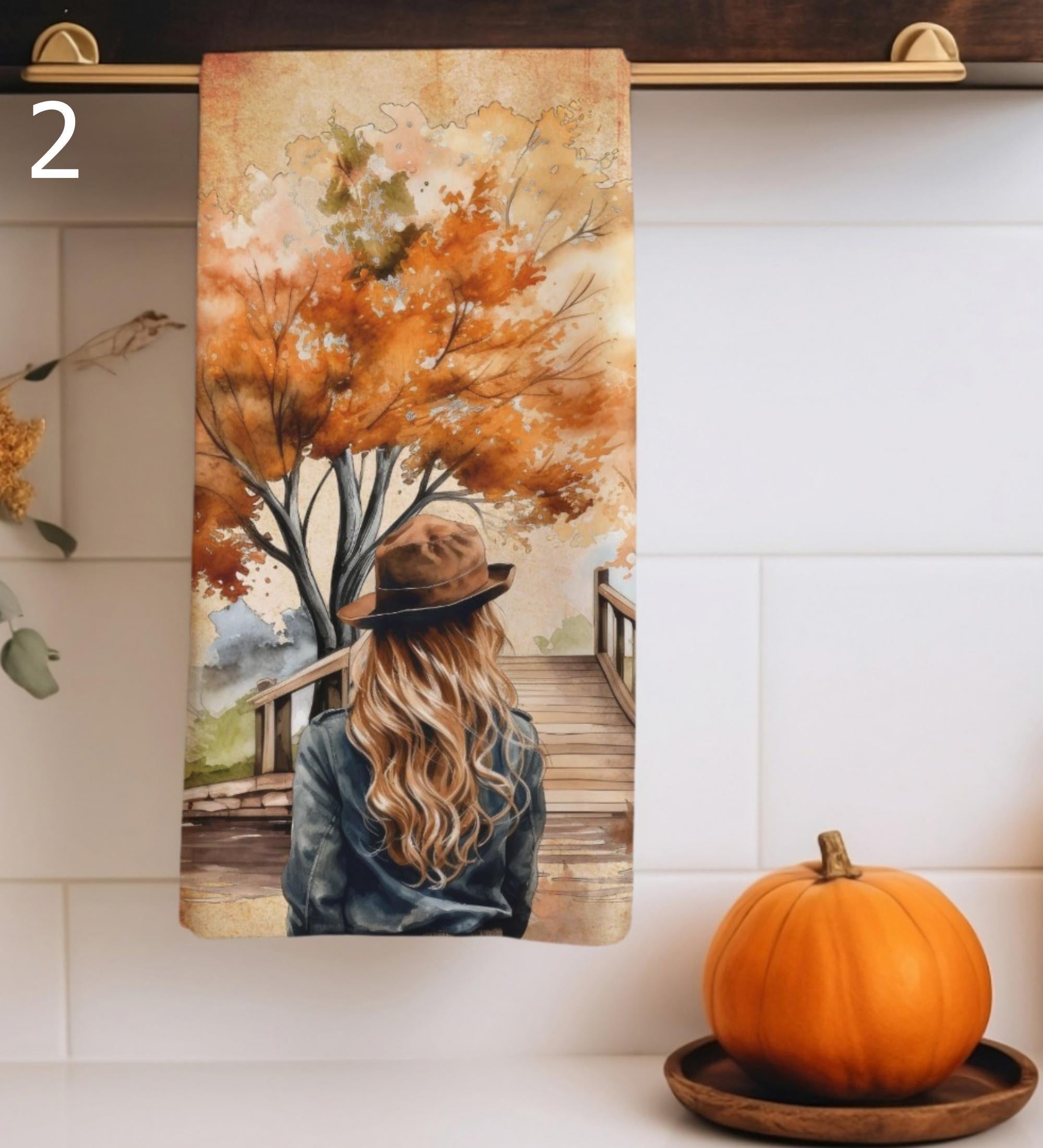Autumn Lady Tea Towels, Vintage Fall Kitchen Towels, Pumpkin Patch Retro Towels, Thanksgiving Decorative Hand Towels, Cozy Kitchen Decor