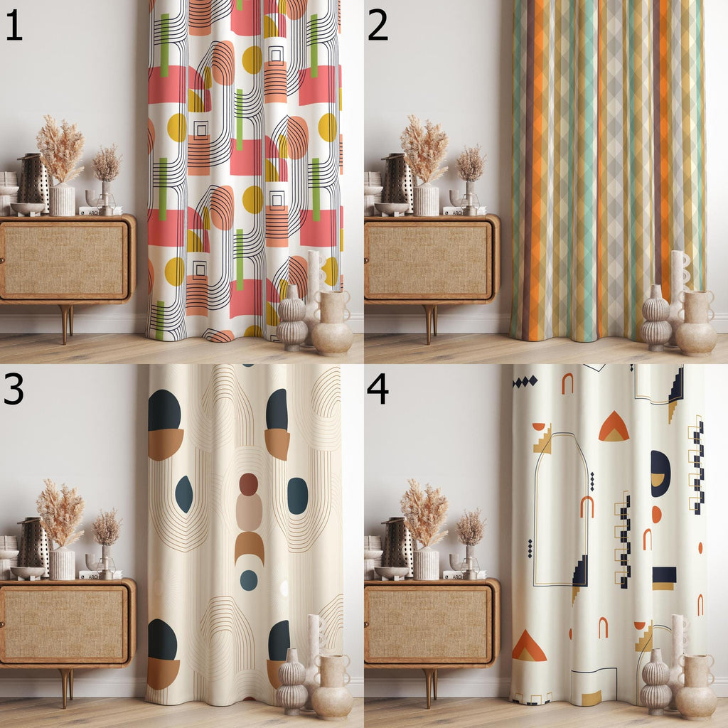 Mid Century Modern Curtains, Retro Geometric Window Panels, Abstract Pattern Drapes, Colorful Boho Living Room Curtains