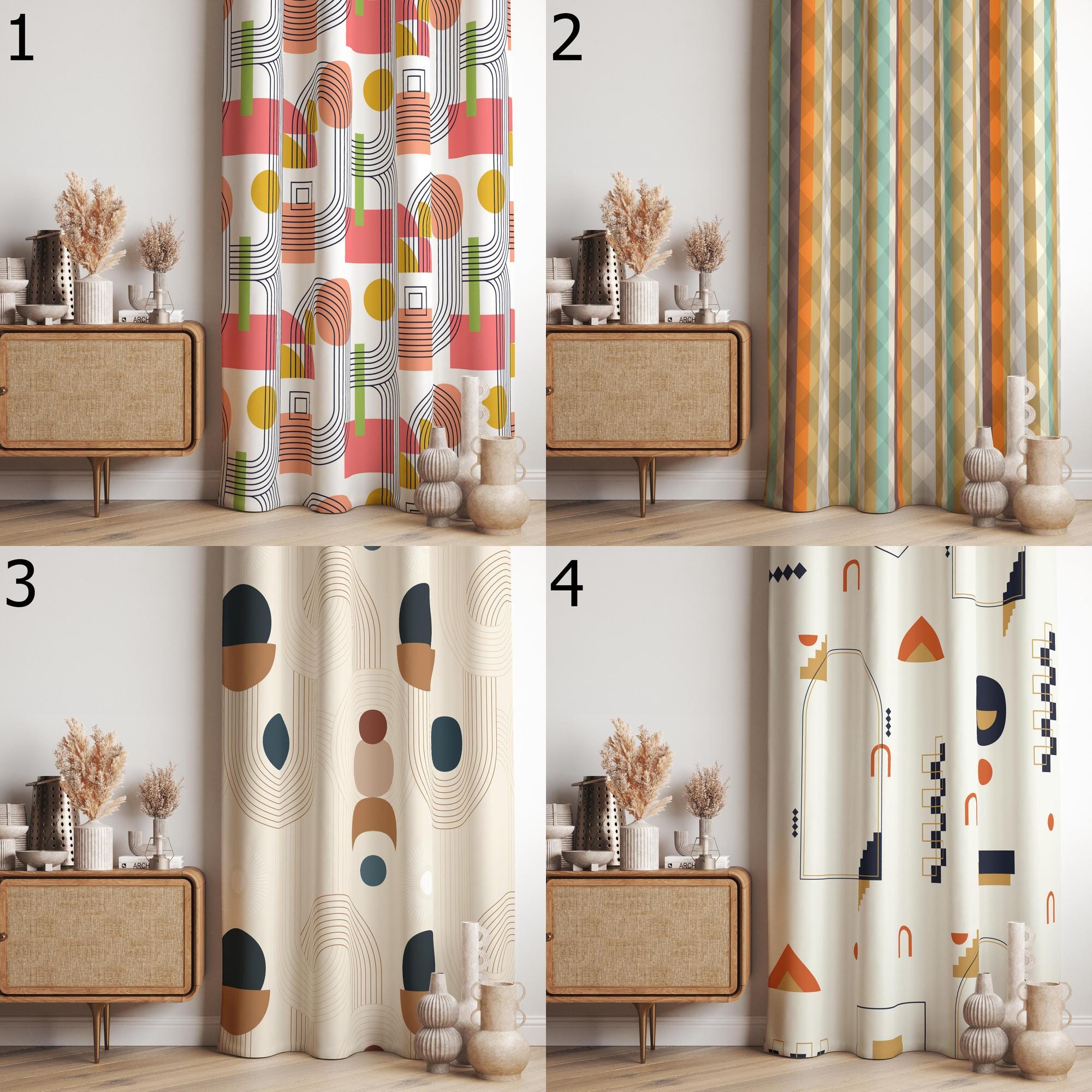 Mid Century Modern Curtains, Retro Geometric Window Panels, Abstract Pattern Drapes, Colorful Boho Living Room Curtains