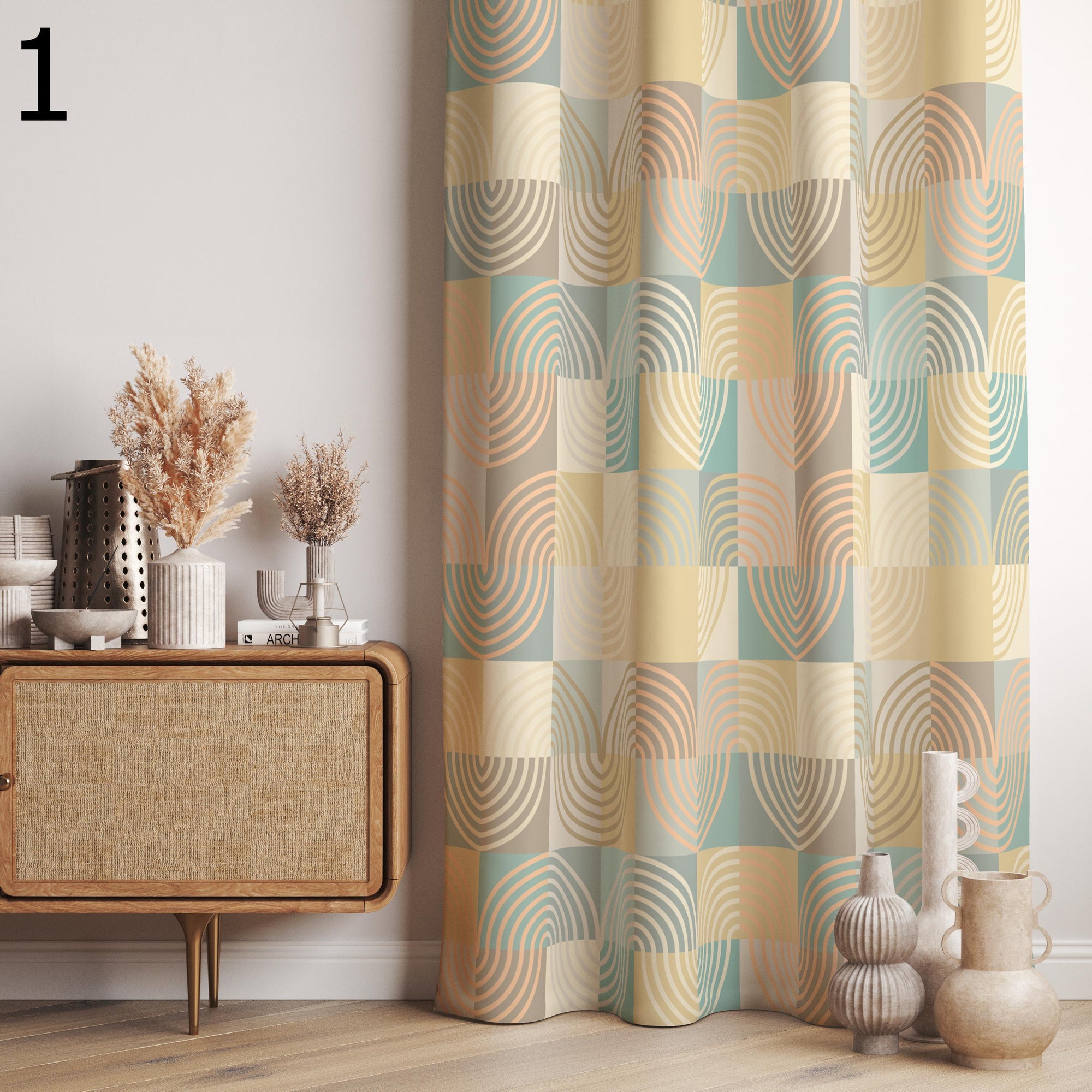 Retro Boho Curtains, Mid Century Style Curtain, 70s Retro Window Curtains, Geometric Abstract Curtains, Mid Century Abstract Printed Curtain