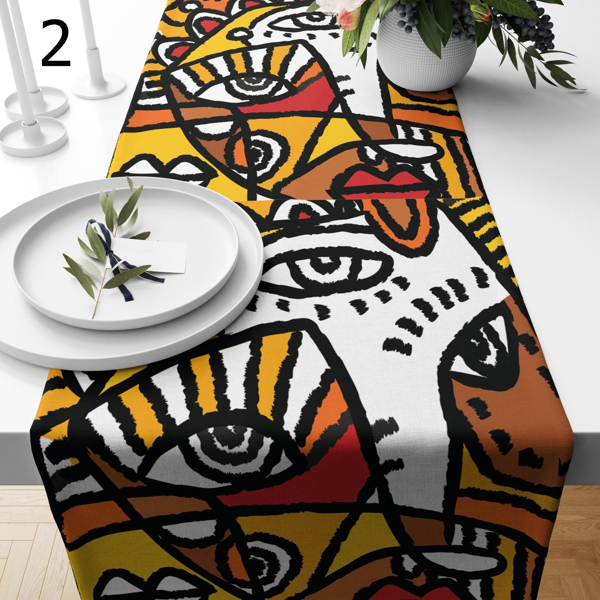 Modern Boho Abstract Face Runners, Face Line Abstract Coffee Table Runner, Modern Abstract Table Covers, Face Lines Painting Table Runners