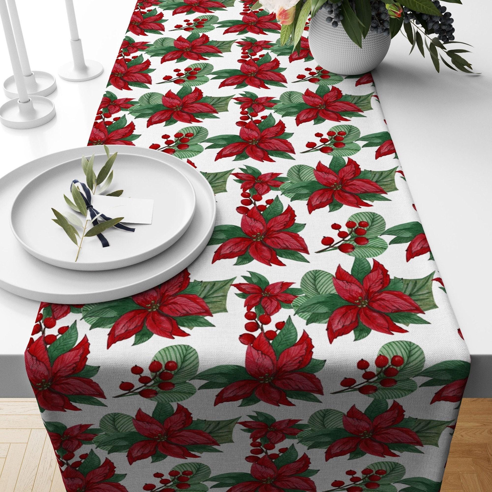 Christmas Poinsettia Table Runner, Holly Table Runner, Xmass Table Runner,Christmas Table Decor, ChristmasGift, Christmas Party Table