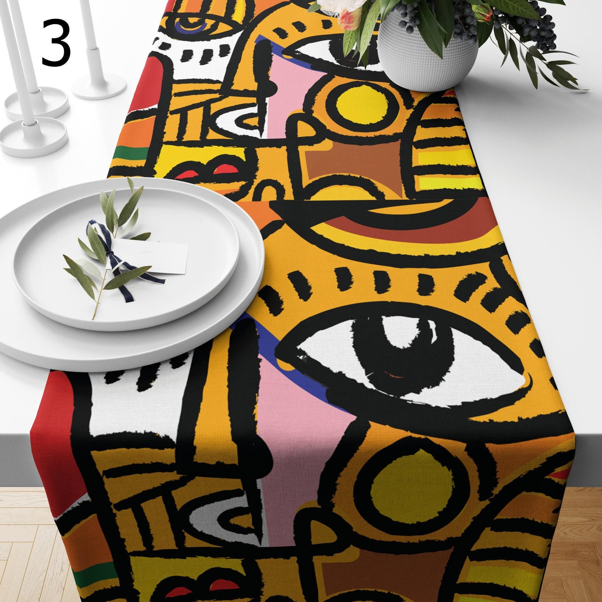 Modern Boho Abstract Face Runners, Face Line Abstract Coffee Table Runner, Modern Abstract Table Covers, Face Lines Painting Table Runners