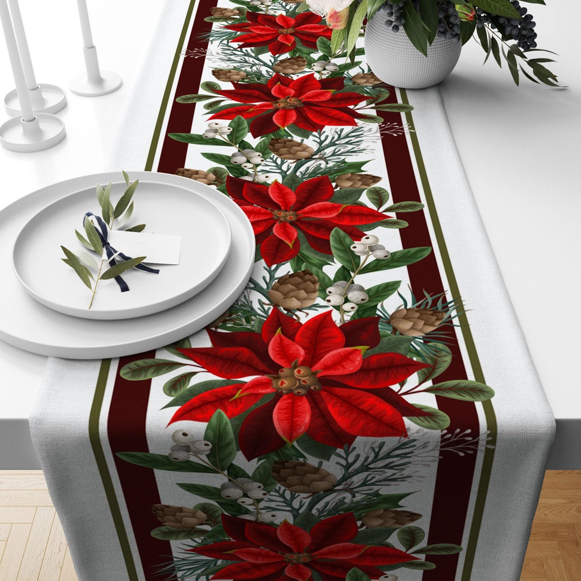 Christmas Poinsettia Table Runner, Holly Table Runner, Xmass Table Runner,Christmas Table Decor, ChristmasGift, Christmas Party Table