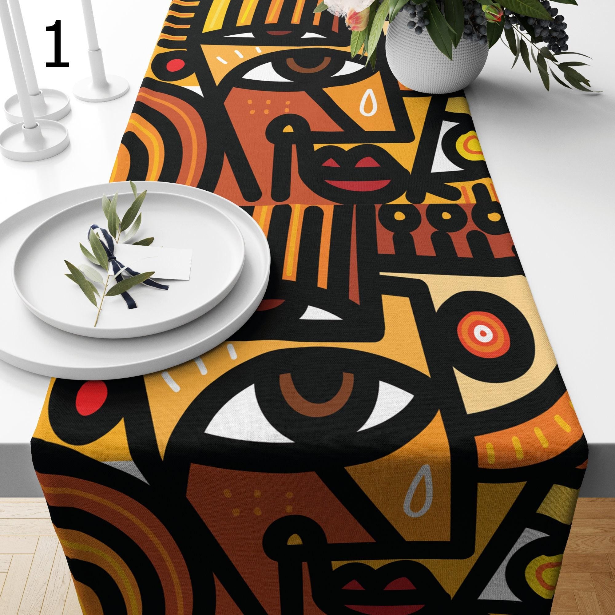 Modern Boho Abstract Face Runners, Face Line Abstract Coffee Table Runner, Modern Abstract Table Covers, Face Lines Painting Table Runners