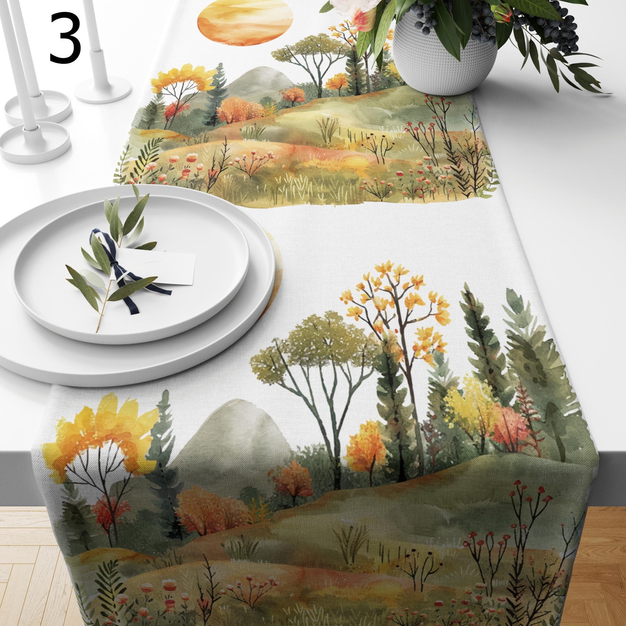 Autumn Abstract Landscape Table Runner, Fall Tree Leaves Table Runner, Thanksgiving Landscape Table Runner, Thanksgiving Party Table Decor