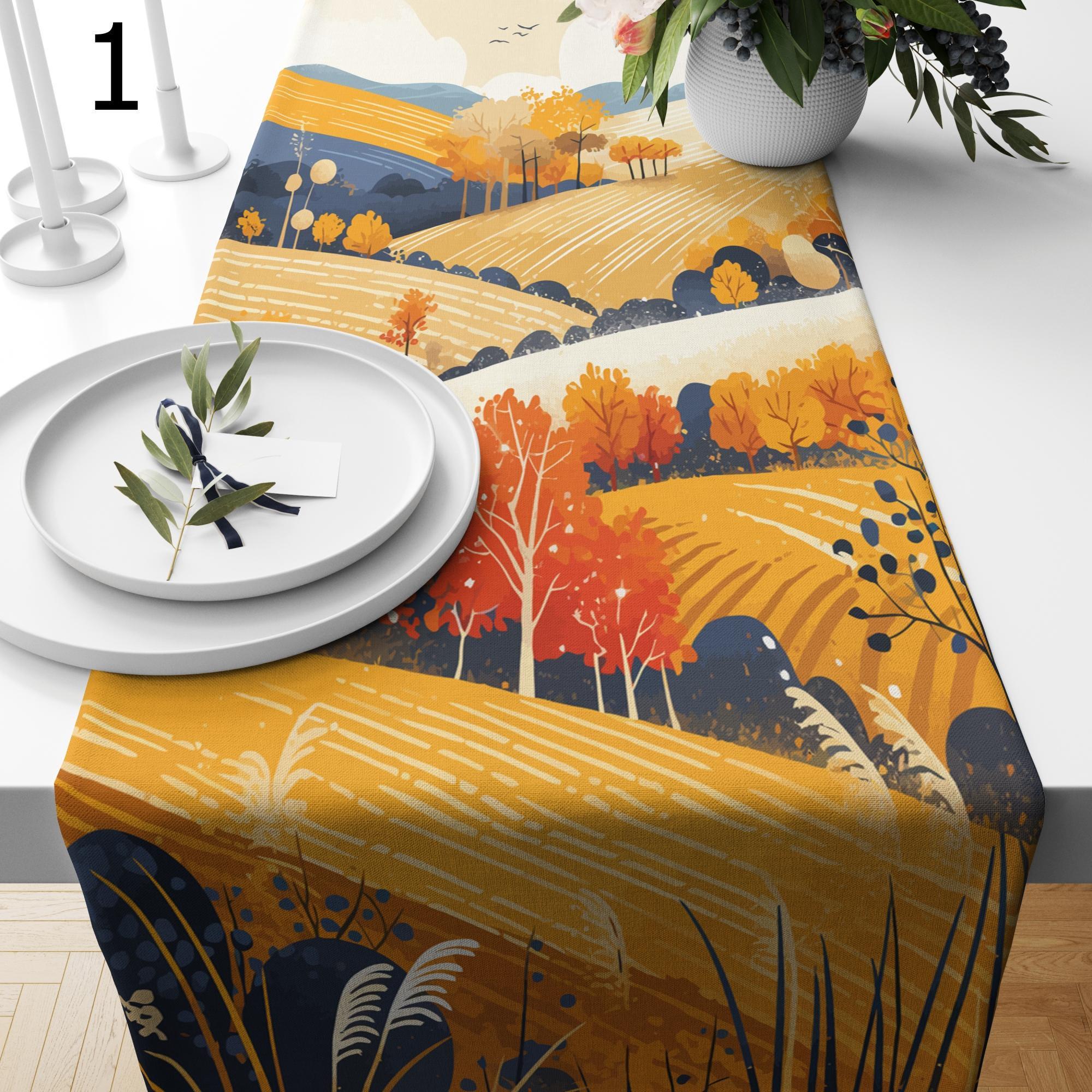 Autumn Abstract Landscape Table Runner, Fall Tree Leaves Table Runner, Thanksgiving Landscape Table Runner, Thanksgiving Party Table Decor
