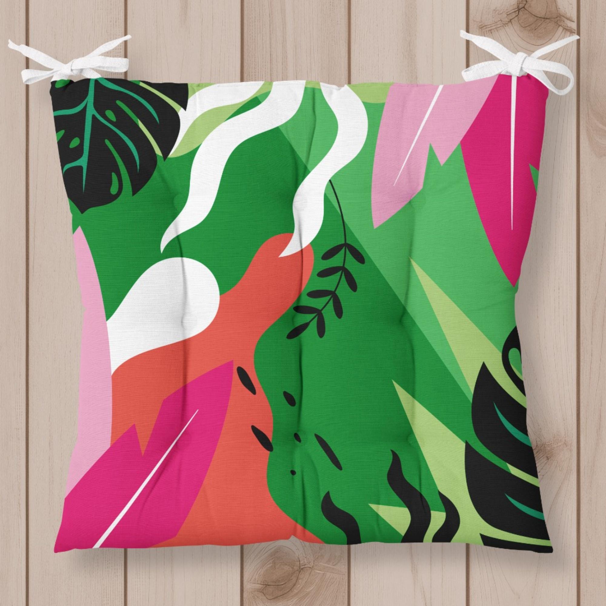 Summer Chair Cushions, Tropical Palm Square Chair Pad, Chair Cushion with Ties, Kitchen Seat Pad, Chair Pads with Ties, Patio Chair Cushions