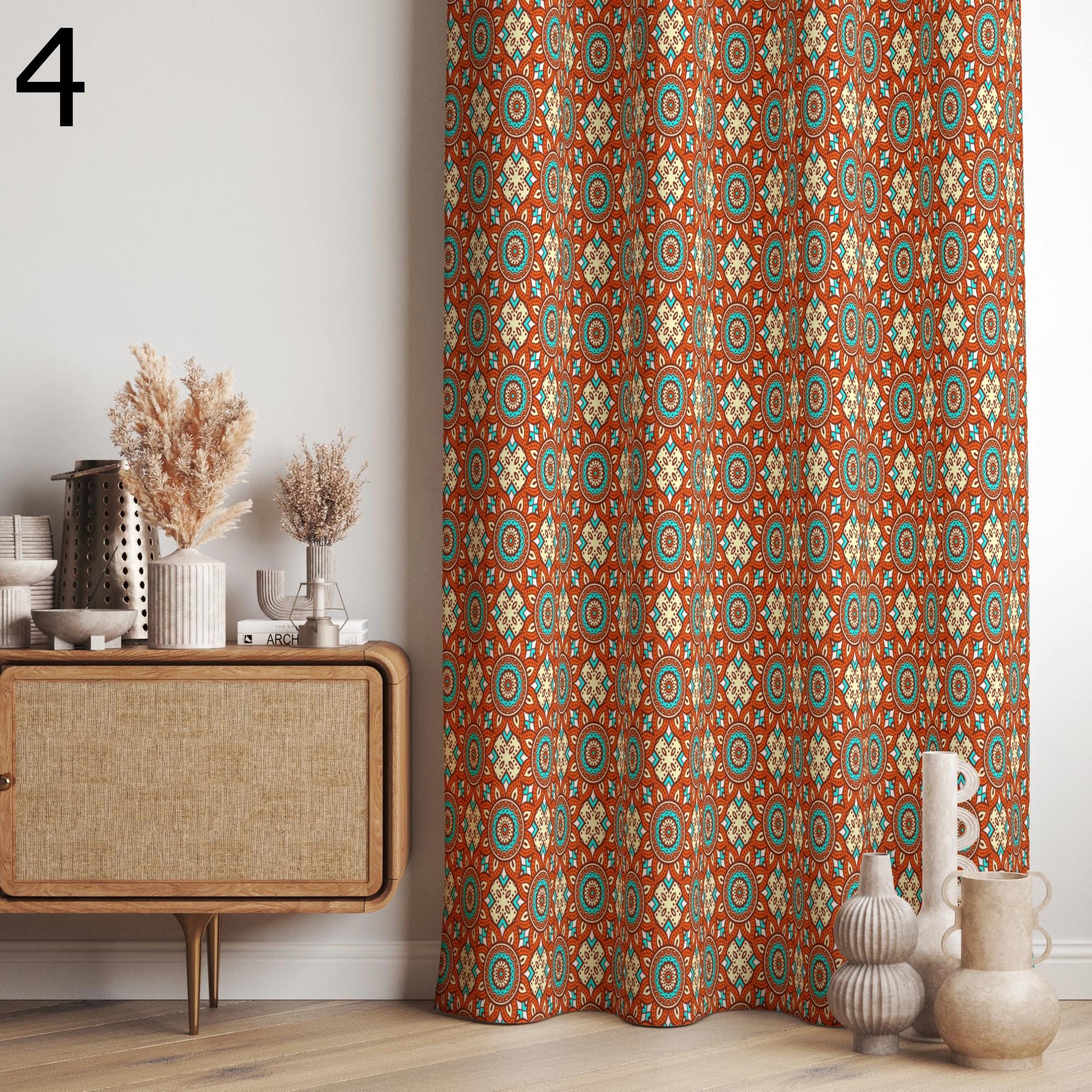 Retro Geometric Panels, Retro Boho Curtain, Mid-Century Inspired Drapes, Vintage Patterned Curtain Panels