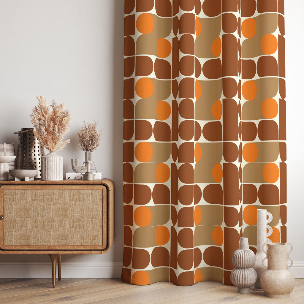 70s Orange Brown Window Curtain, Retro Bauhaus Curtains, Mid Century Style Panels, MCM Geometric Living Room Curtain, Bauhaus Curtains