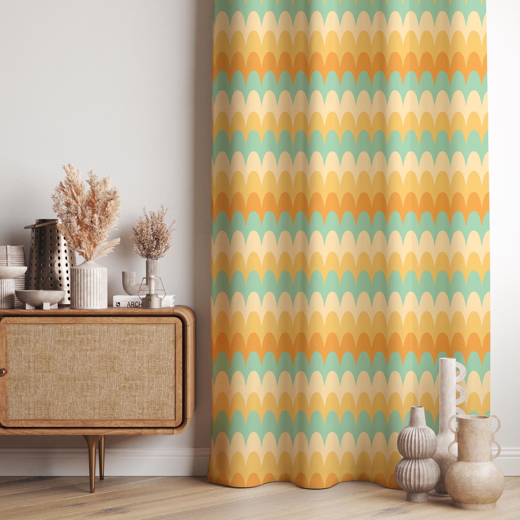 70s Curtains, Retro Funky Geometric Drapes, Retro Scallop Curtains, Mid Century Modern Print Drapes, Retro Wavy Window Curtains