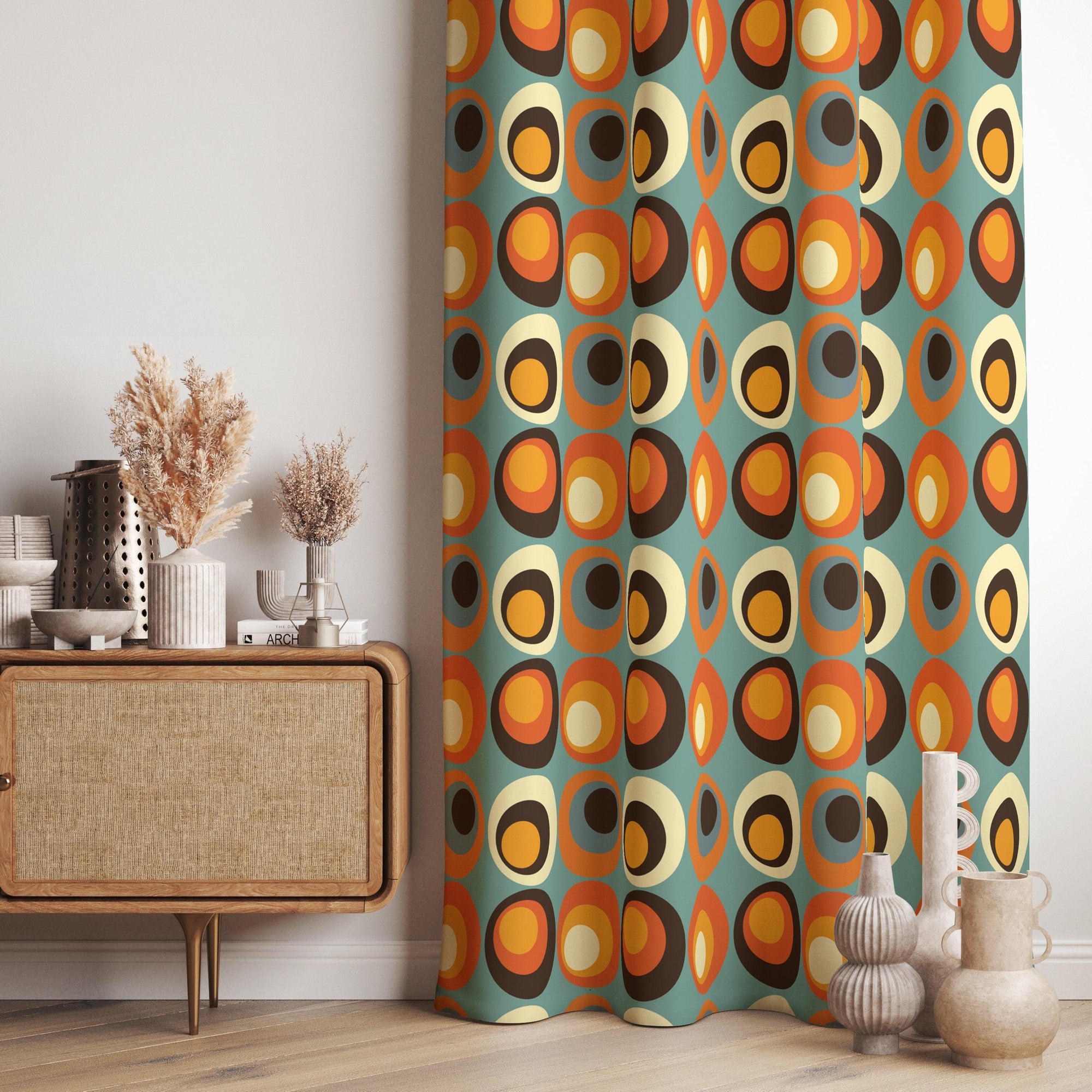 Retro Groovy Print Curtain, Mid Century Curtain Panels, MCM Curtain, 70s Orange Groovy Curtains, 70s Colorful Retro Curtains, Retro Curtain