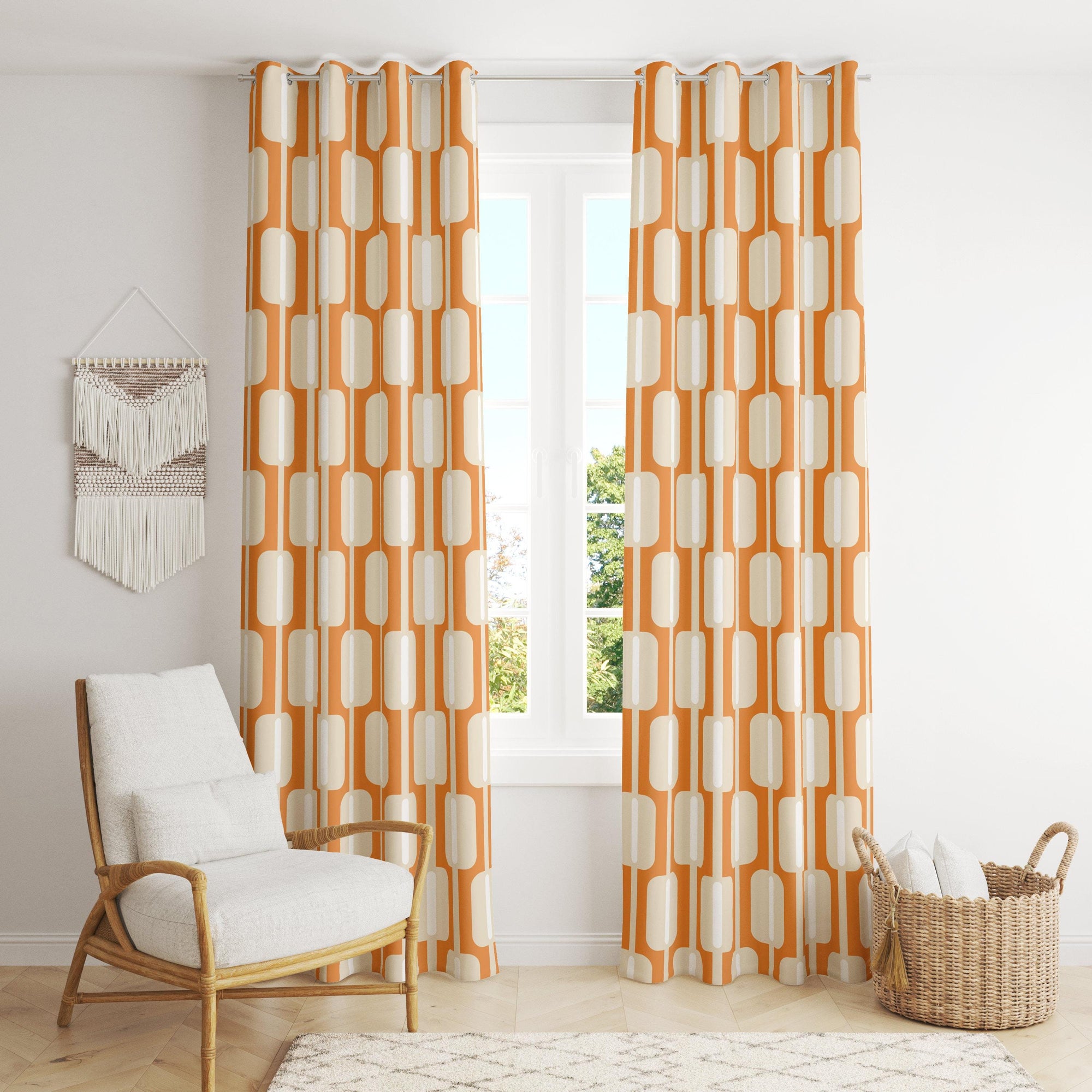 Orange Retro Geometric Curtain Panels, Mid Century Modern Drapes, 70s Orange  Window Curtains, Orange Retro Style Curtain