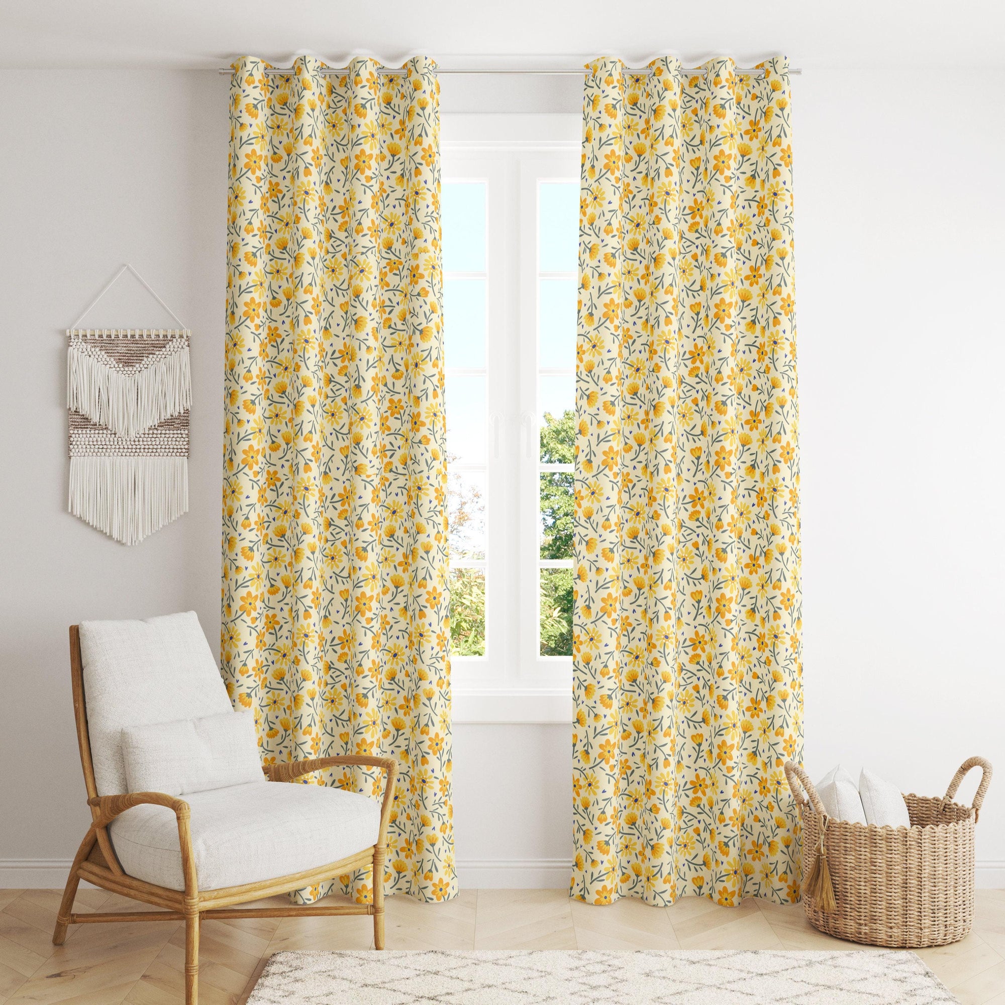 Yellow Floral Curtains, Modern Vintage Floral Curtain Panels, Retro Yellow Flowers Drapes, Floral Retro Style Living Room Curtain