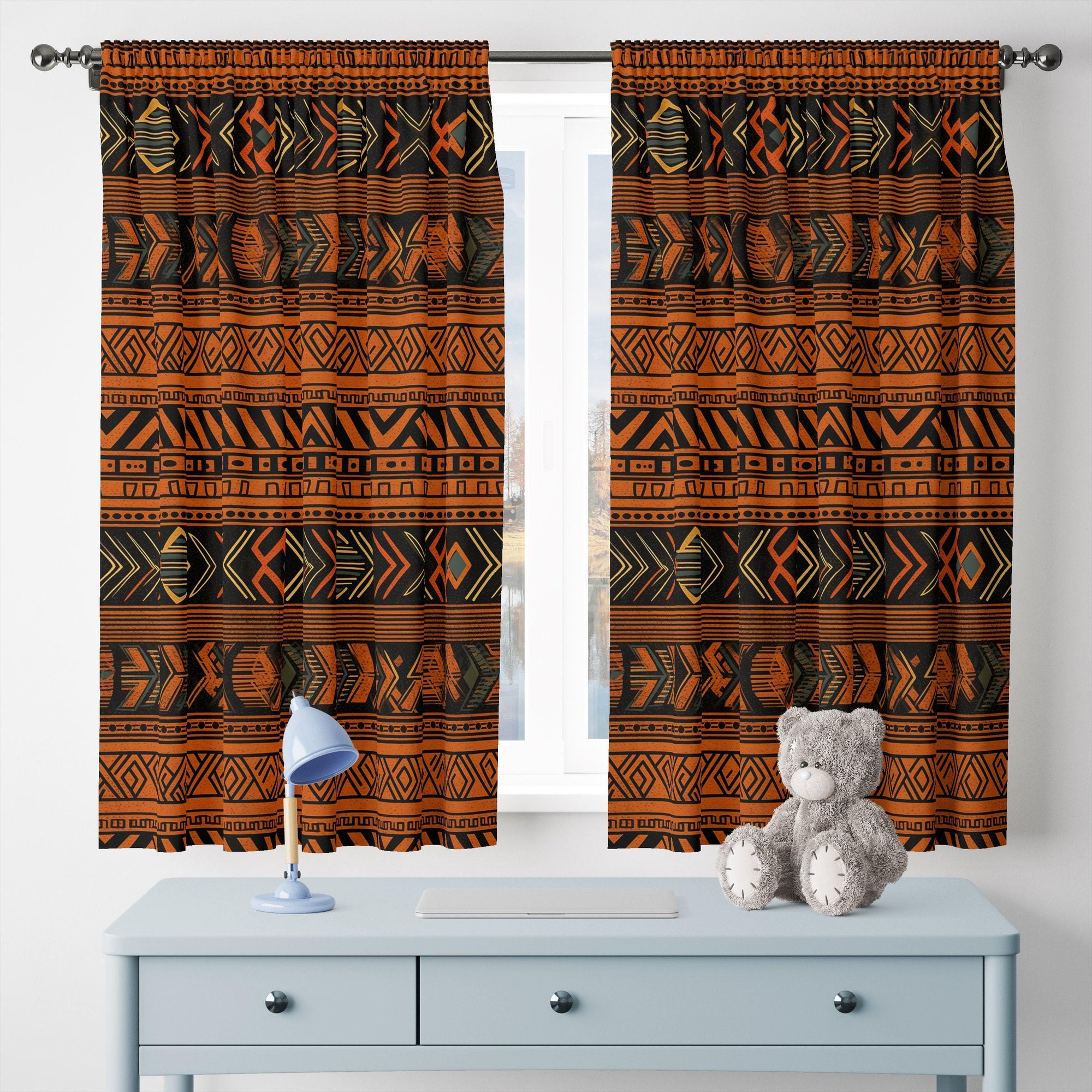 Terracotta Ethnic Window Curtain Panels, African Printed Curtain, African Ethnic Terracotta Curtain, African Tribal Curtains, African Drapes