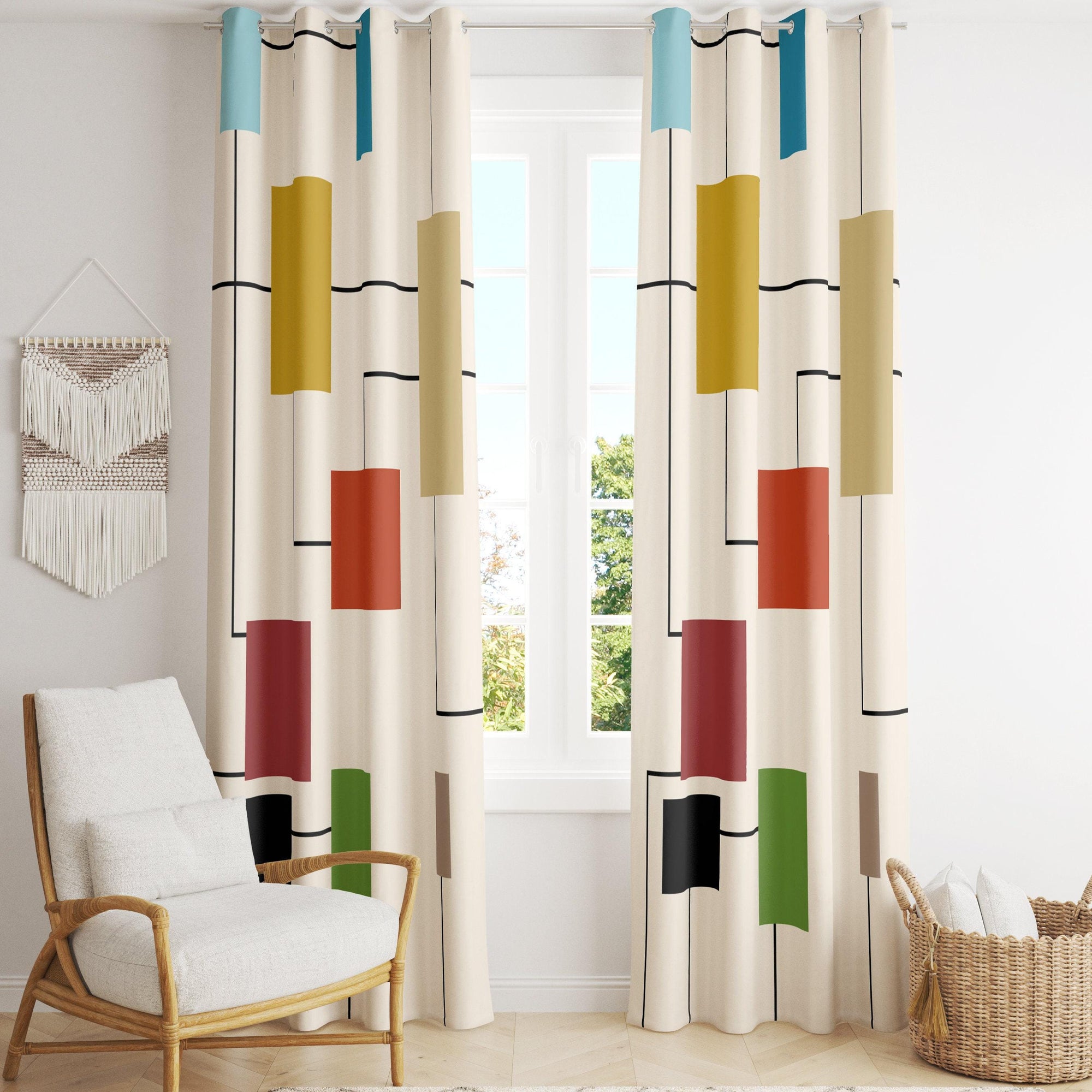 Modern Minimalist Curtains, Geometric Curtain, Retro Printed Curtains, Colorful Cubic Pattern Panel Drapes, Mid Century Modern Curtains