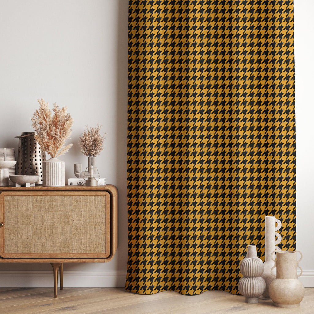 Yellow and Black Houndstooth Curtain, Retro Window Drapes, Mid Century Modern Curtain Panel, Bold Pattern Curtain, Graphic Window Panel