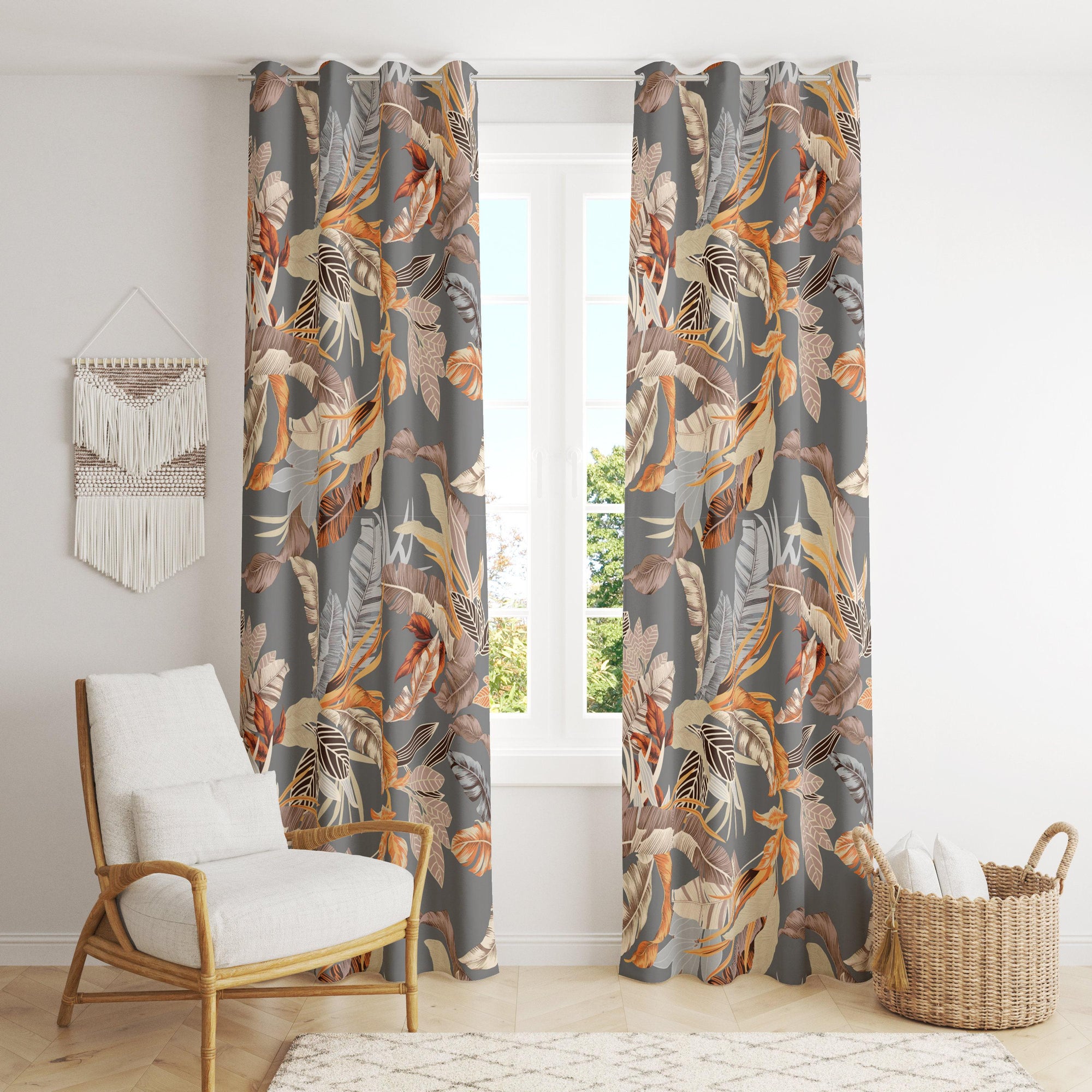 Tropical Abstract Leaves Curtain, Tropical Leaves Barkcloth Curtain Panels, Botanical Leaf Printed Curtains, Botanical Barkcloth Drapes