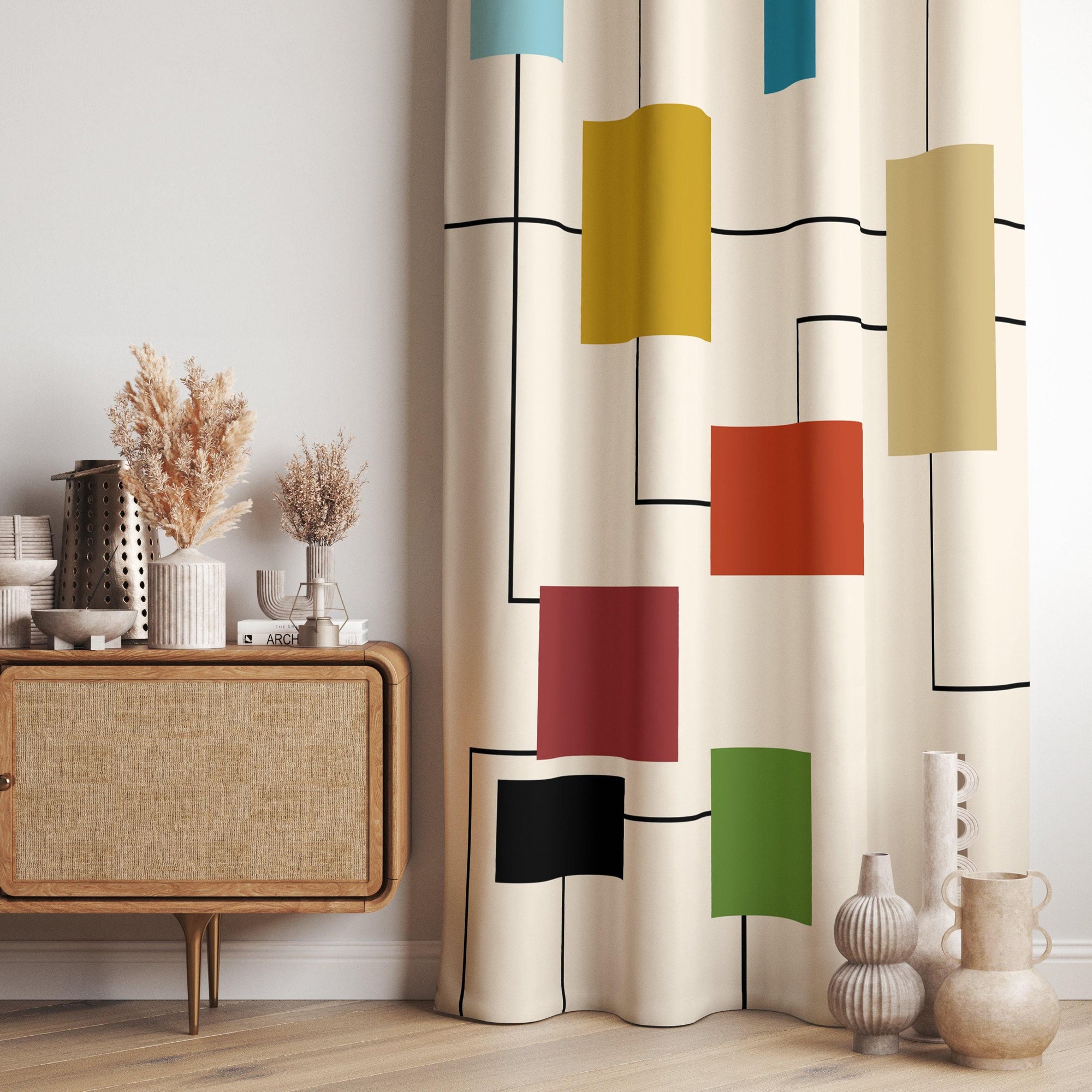 Modern Minimalist Curtains, Geometric Curtain, Retro Printed Curtains, Colorful Cubic Pattern Panel Drapes, Mid Century Modern Curtains