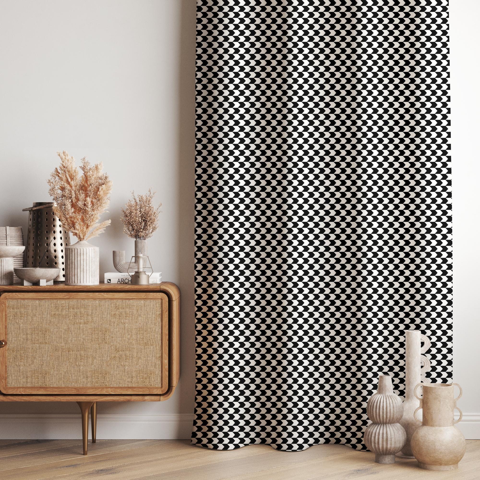 Black and White Geometric Curtains, Modern Minimalist Drapes, Chic Black and White Window Curtains,  Modern Checkerboard Print Curtains