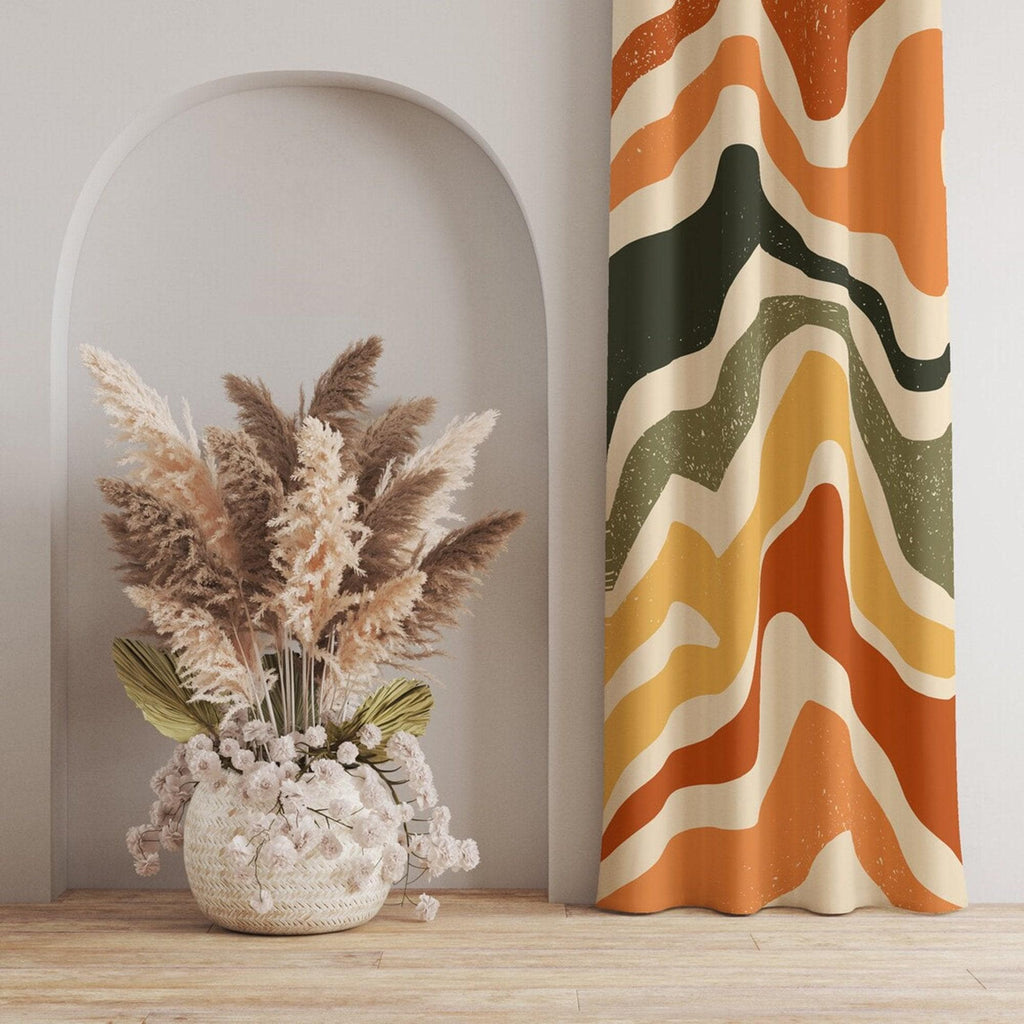 Retro Wavy Curtains, 70s Retro Wavy Window Curtain, Mid Century Modern Curtain Panels, Retro Wavy Abstract Style Living Room Curtains