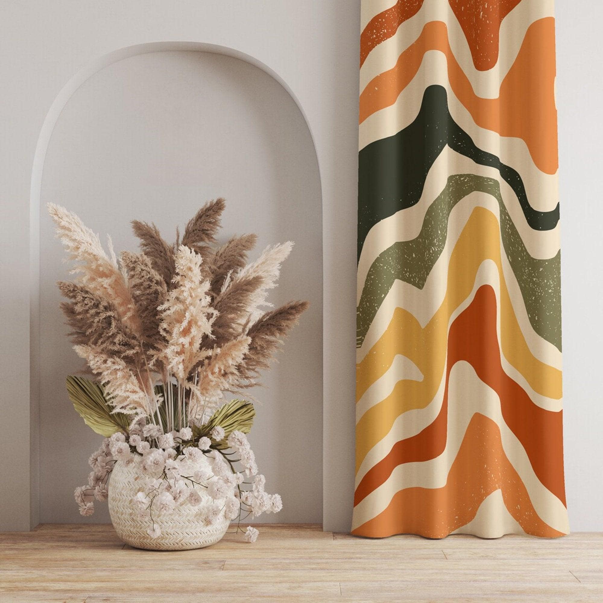 Retro Wavy Curtains, 70s Retro Wavy Window Curtain, Mid Century Modern Curtain Panels, Retro Wavy Abstract Style Living Room Curtains