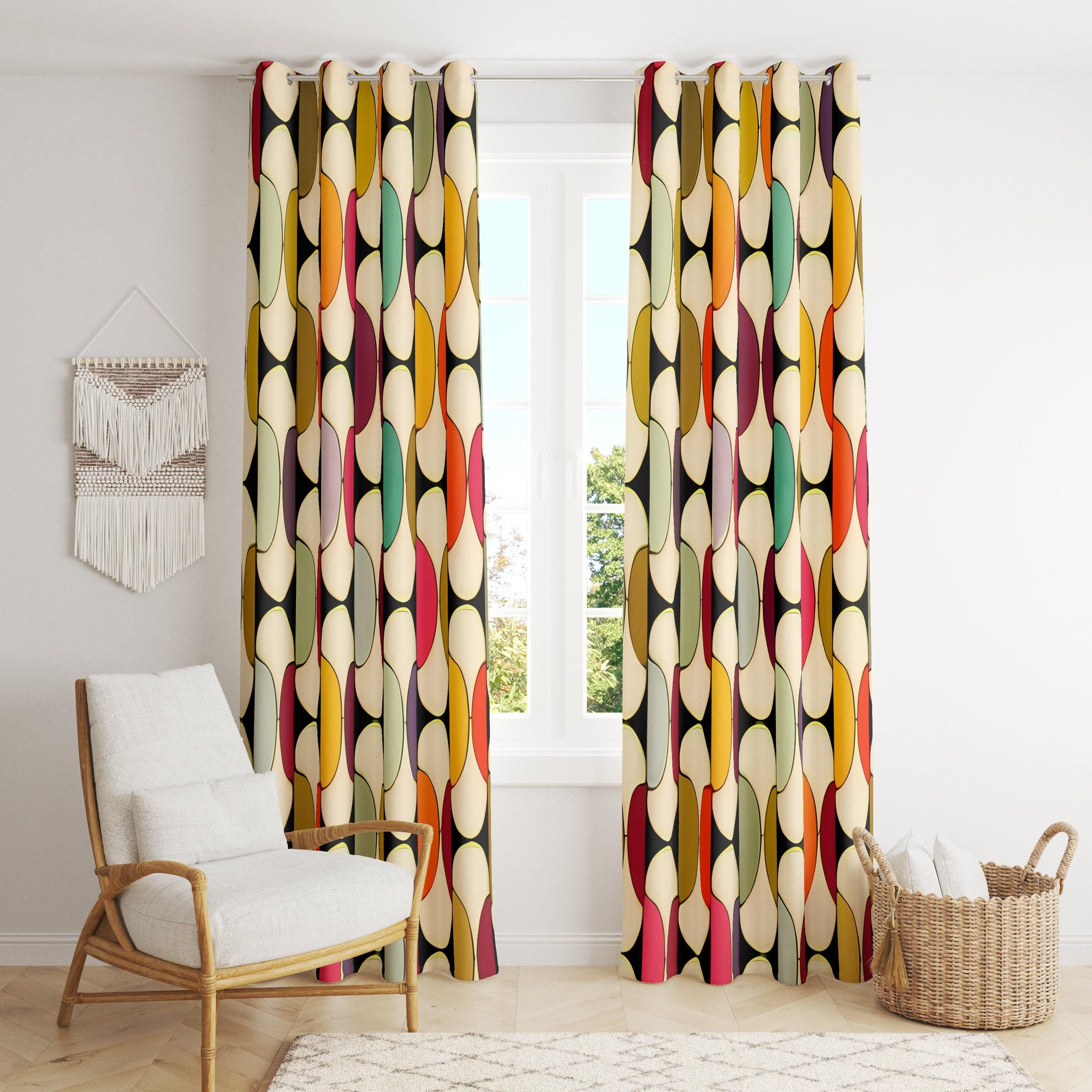 Mid Century Modern Curtain Panels, Colorful Print Curtains, 70s Retro Window Drapes, Retro Abstract Blackout Curtain, Retro Grommet Curtain