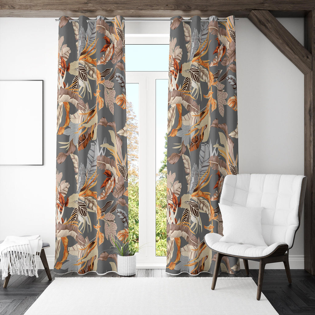 Tropical Abstract Leaves Curtain, Tropical Leaves Barkcloth Curtain Panels, Botanical Leaf Printed Curtains, Botanical Barkcloth Drapes