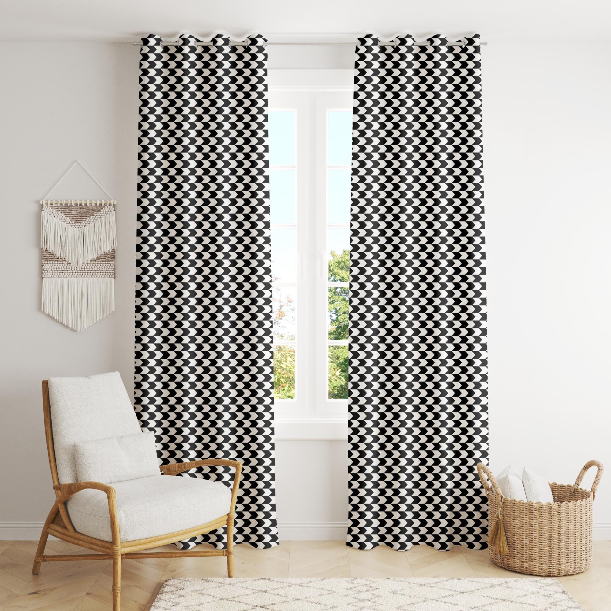 Black and White Geometric Curtains, Modern Minimalist Drapes, Chic Black and White Window Curtains,  Modern Checkerboard Print Curtains