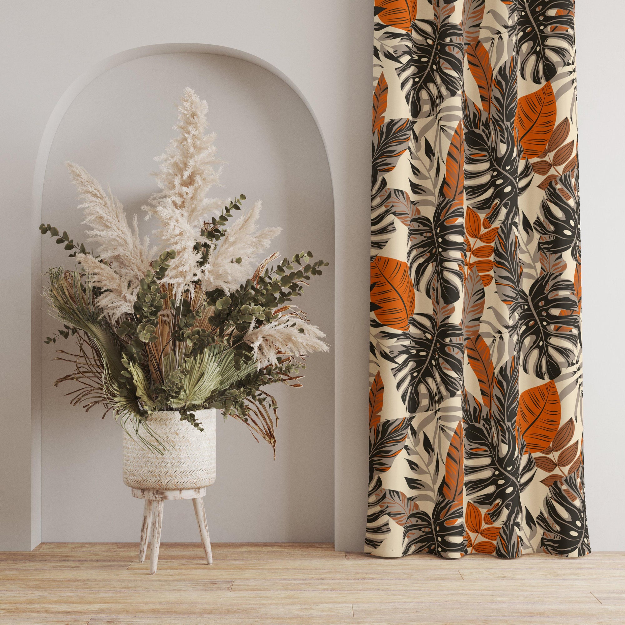 Tropical Curtains, Tropical Abstract Leaf Curtain Panels, Botanical Orange Leaf Style Curtain, Modern Vintage Tropical Leaves Curtains