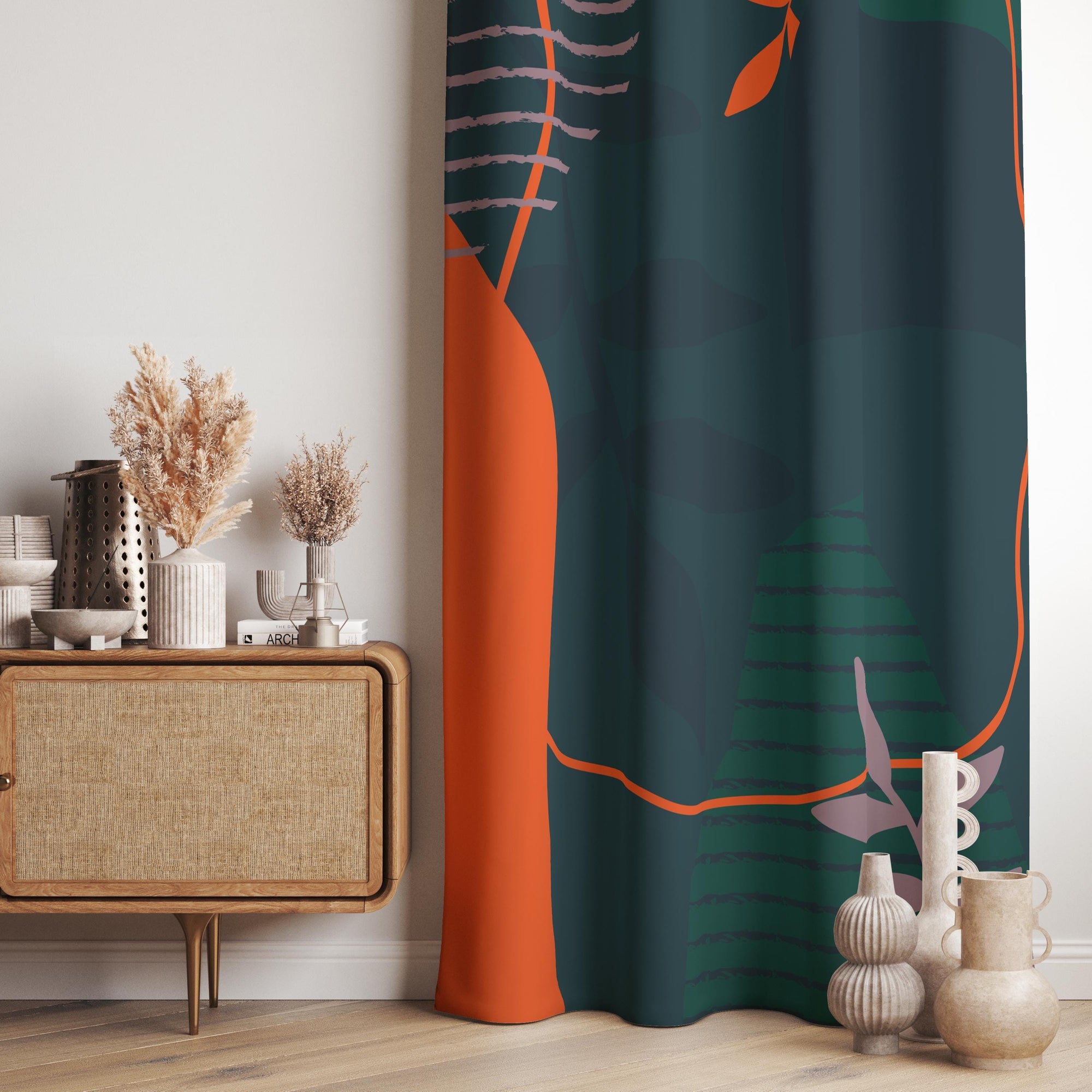 Abstract Window Curtains, Green and Orange Retro Abstract Curtains, 70s Retro Blackout Curtain Panel, Mid Century Modern Grommet Drapes