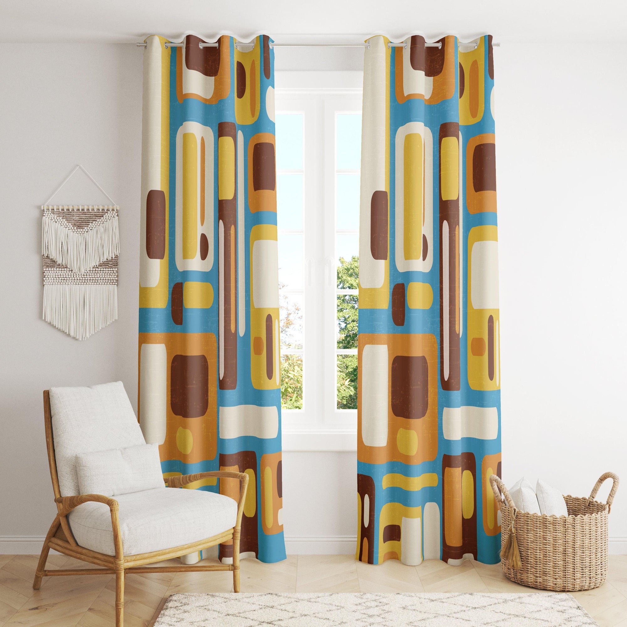 Mid Century Modern Curtain Panels, 70s Mcm Curtain, 70s Retro Curtain, Retro Blackout Curtains, Mid Century Grommet Curtain