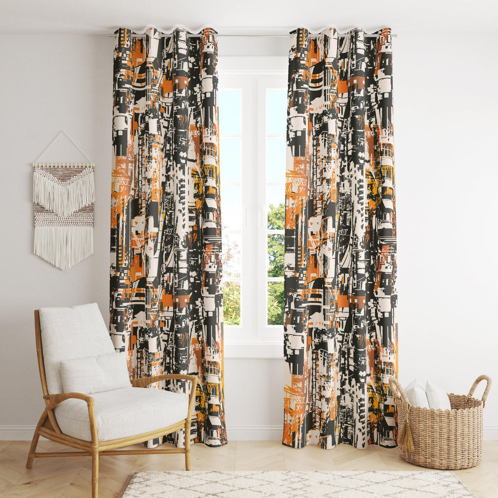 Modern Curtain Panels, Modern Abstract Curtain, Abstract Orange Black Painting Curtain, Abstract Blackout Curtains, Abstract Grommet Curtain