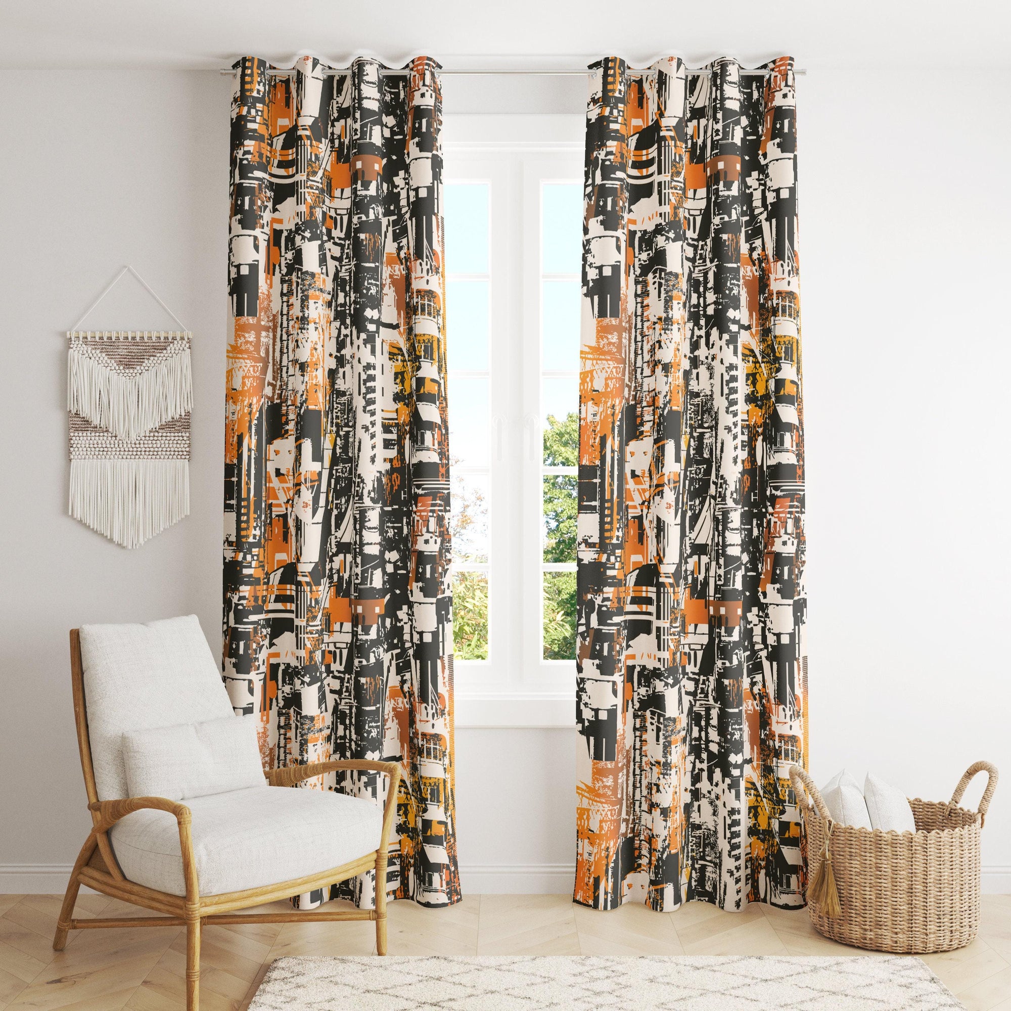 Modern Curtain Panels, Modern Abstract Curtain, Abstract Orange Black Painting Curtain, Abstract Blackout Curtains, Abstract Grommet Curtain