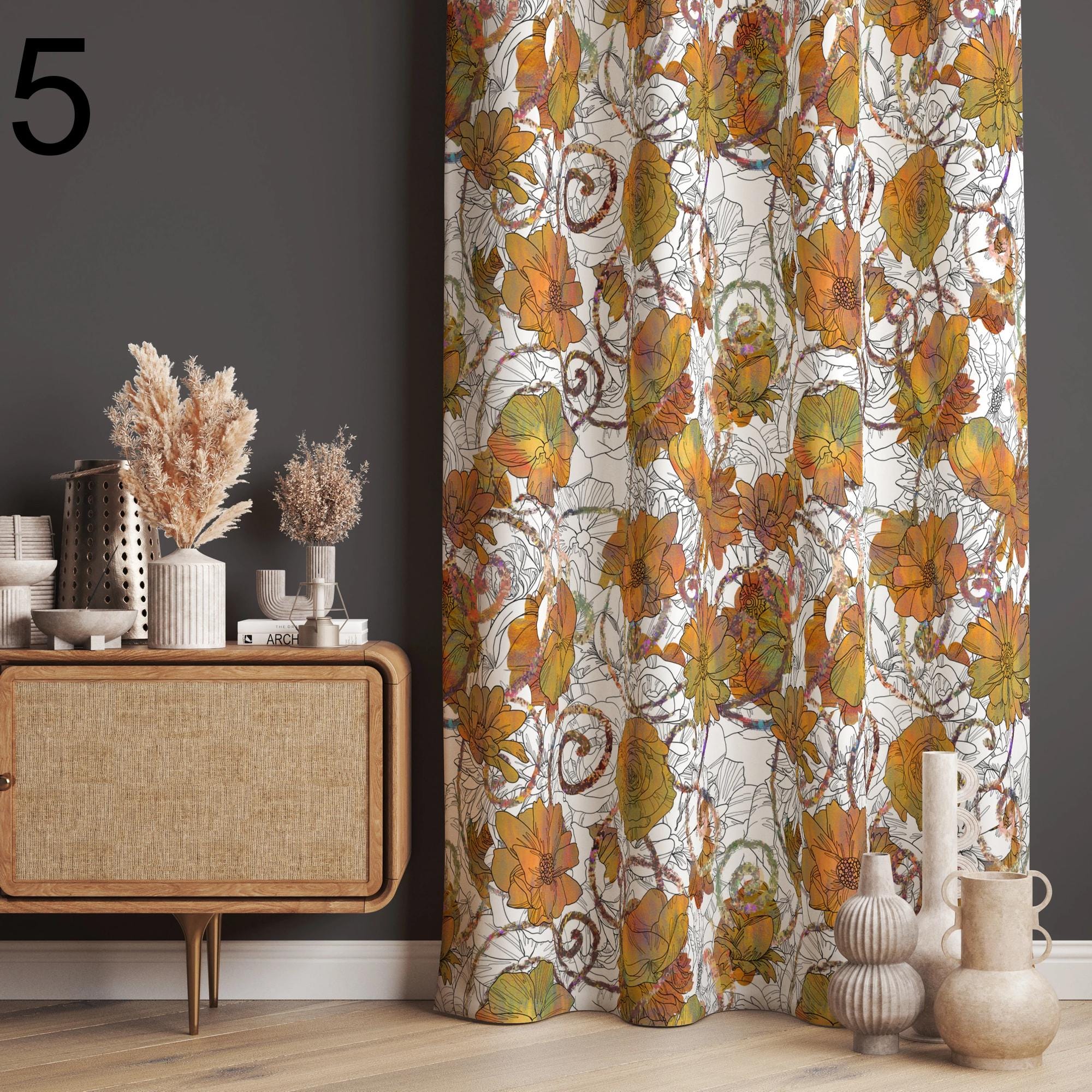 Modern Vintage Floral Curtain Panels, 70s Retro Curtains, Vintage Printed Curtains, Floral Style Living Room Drapes