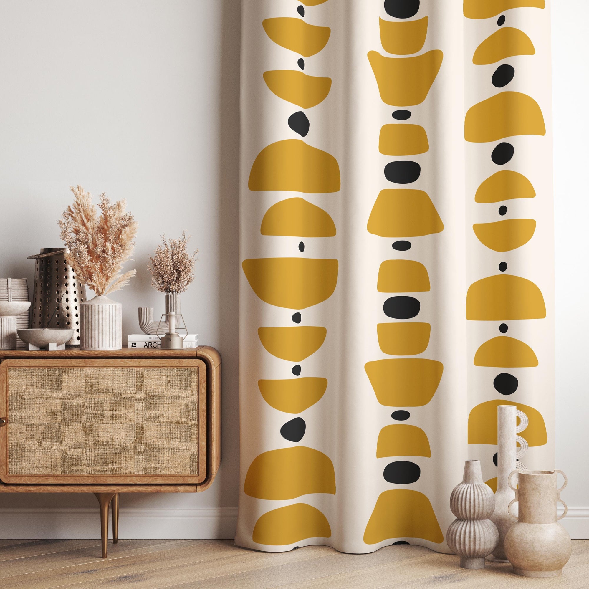 Retro Curtains, Mid Century Abstract Curtain, 70s Curtain Geometric Panels, Yellow Abstract Blackout Curtains, Abstract Grommet Curtain