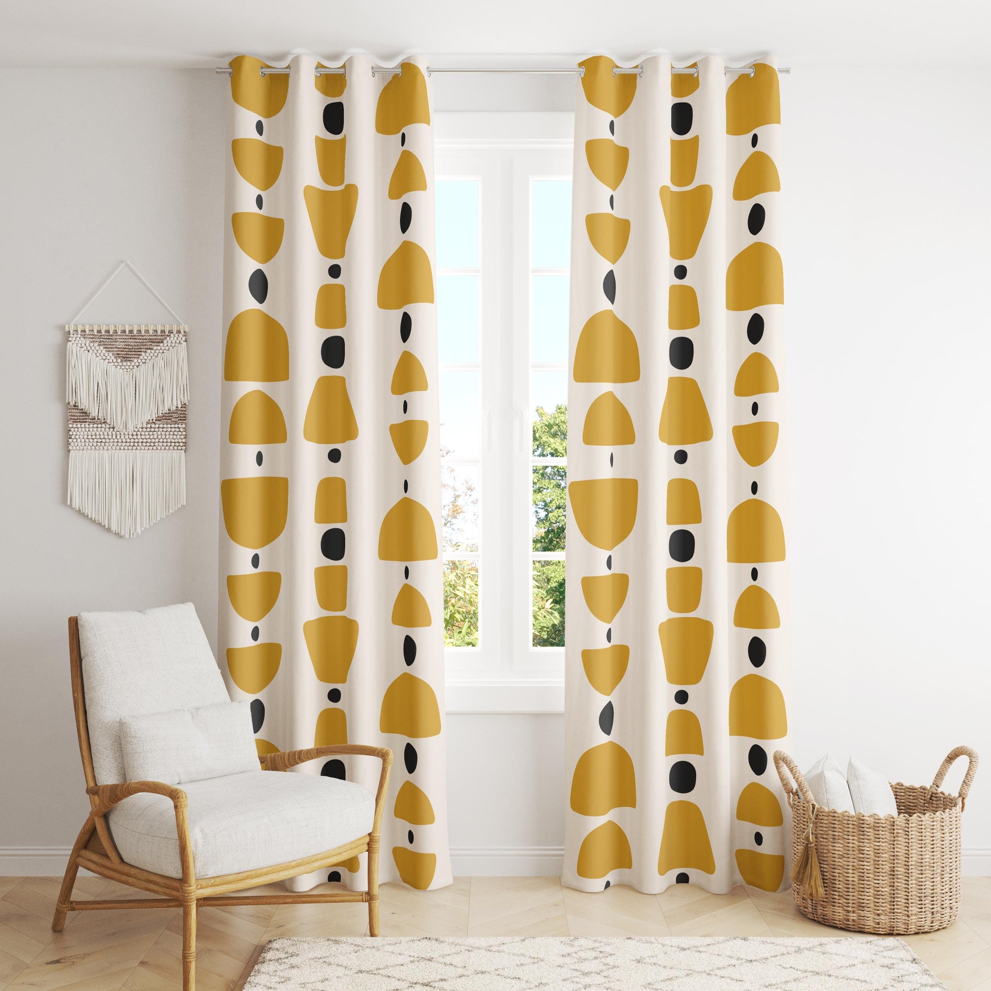 Retro Curtains, Mid Century Abstract Curtain, 70s Curtain Geometric Panels, Yellow Abstract Blackout Curtains, Abstract Grommet Curtain